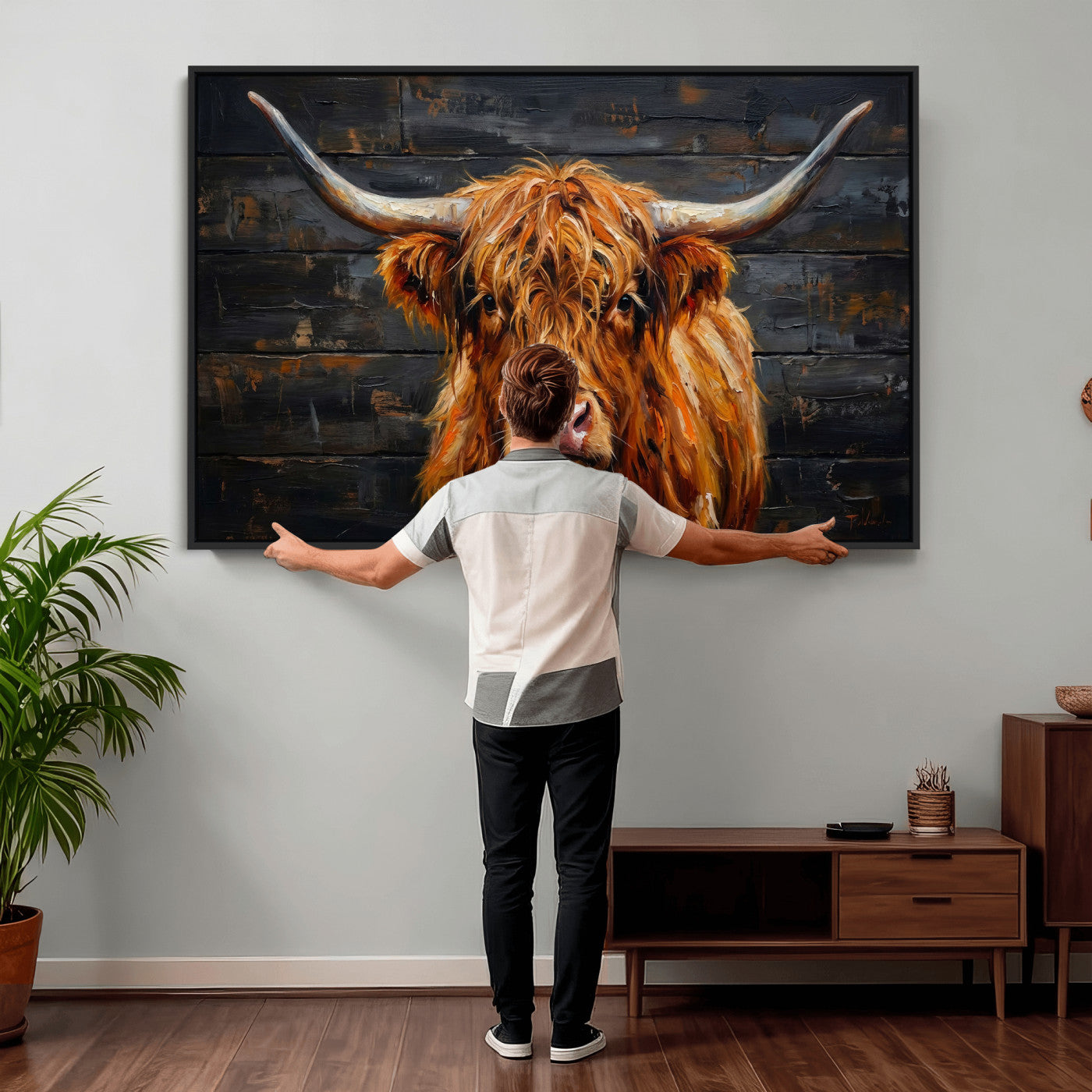 32536611-MGV-CV-36X24 - Highland Cow Wall Art Canvas Print, Rustic Farm Animal Painting, Framed Wall Art Ready to Hang