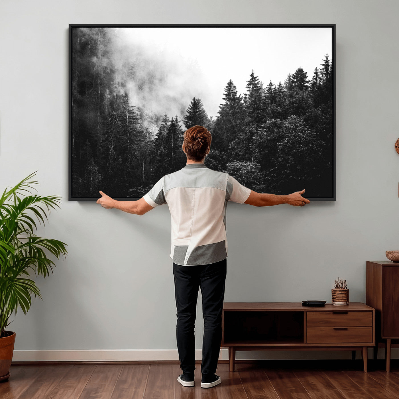 98764151-MGV-CV-36X24 - Black and White Forest Wall Art Canvas Print, Misty Pine Tree Landscape Photography, Framed Wall Art Ready to Hang