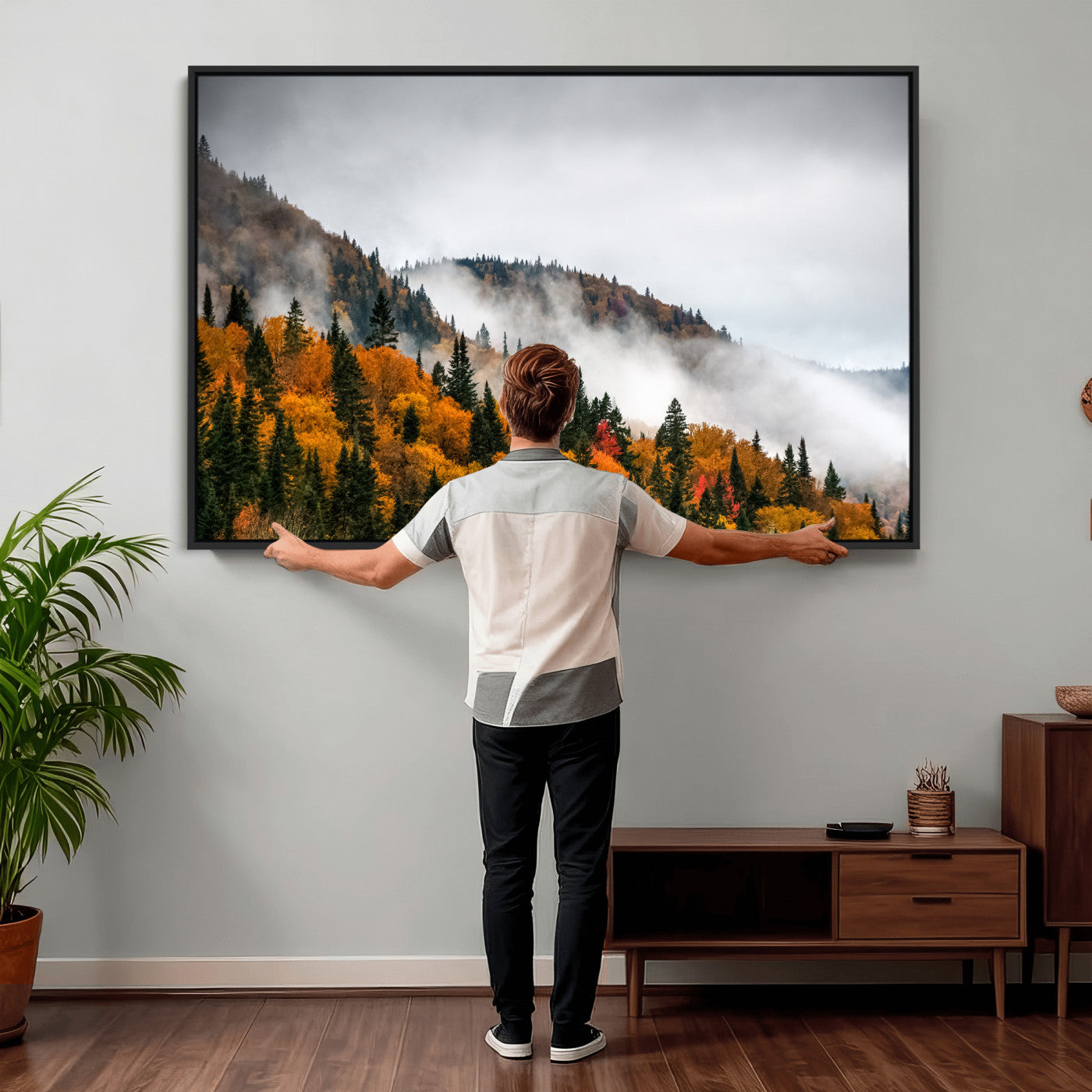 93581632-MGV-CV-36X24 - Autumn Forest Wall Art Canvas Print, Foggy Mountain Landscape Nature Photography, Framed Wall Art Ready to Hang