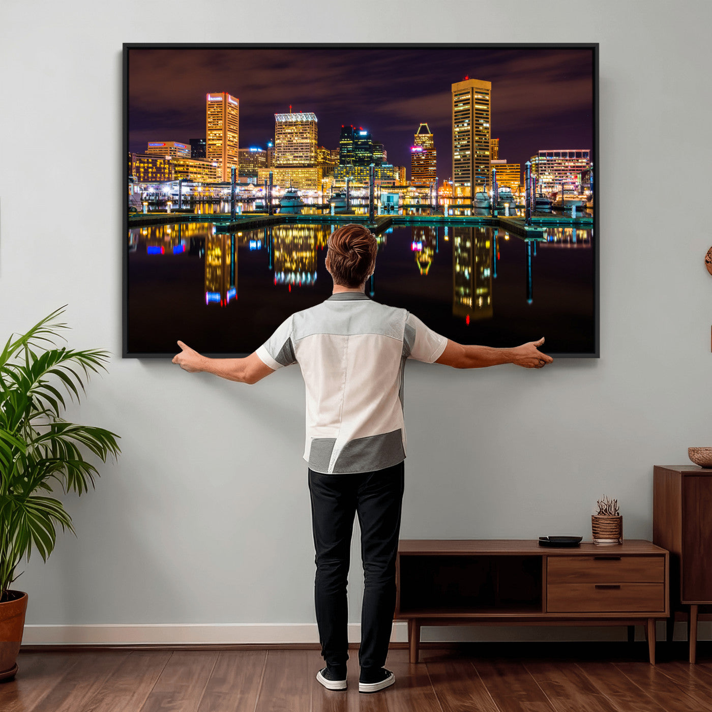 38201692-MGV-CV-36X24 - Baltimore Skyline Wall Art Canvas Print, Baltimore Downtown Night Cityscape Print for Modern Urban Wall Decor