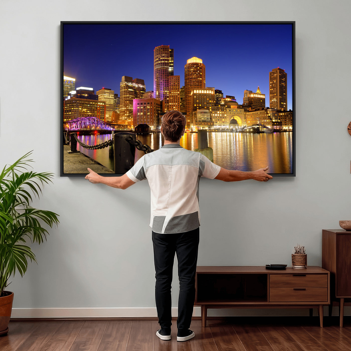 56611117-MGV-CV-36X24 - Boston Wall Art Canvas Print, Boston City Downtown Night Cityscape Print for Modern Urban Wall Decor