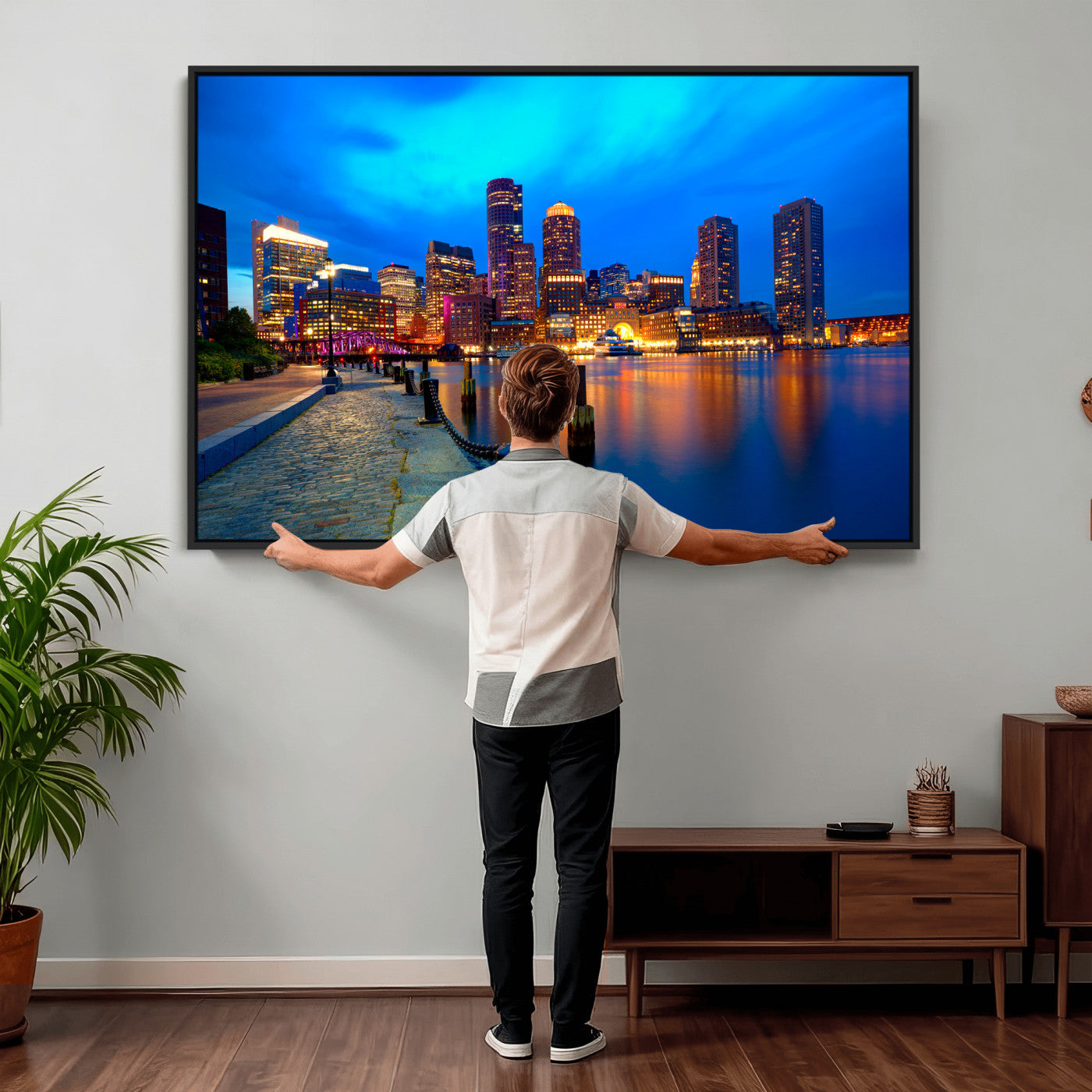 69619565-MGV-CV-36X24 - Boston Wall Art Canvas Print, Boston City Downtown Night Cityscape Print for Modern Urban Wall Decor