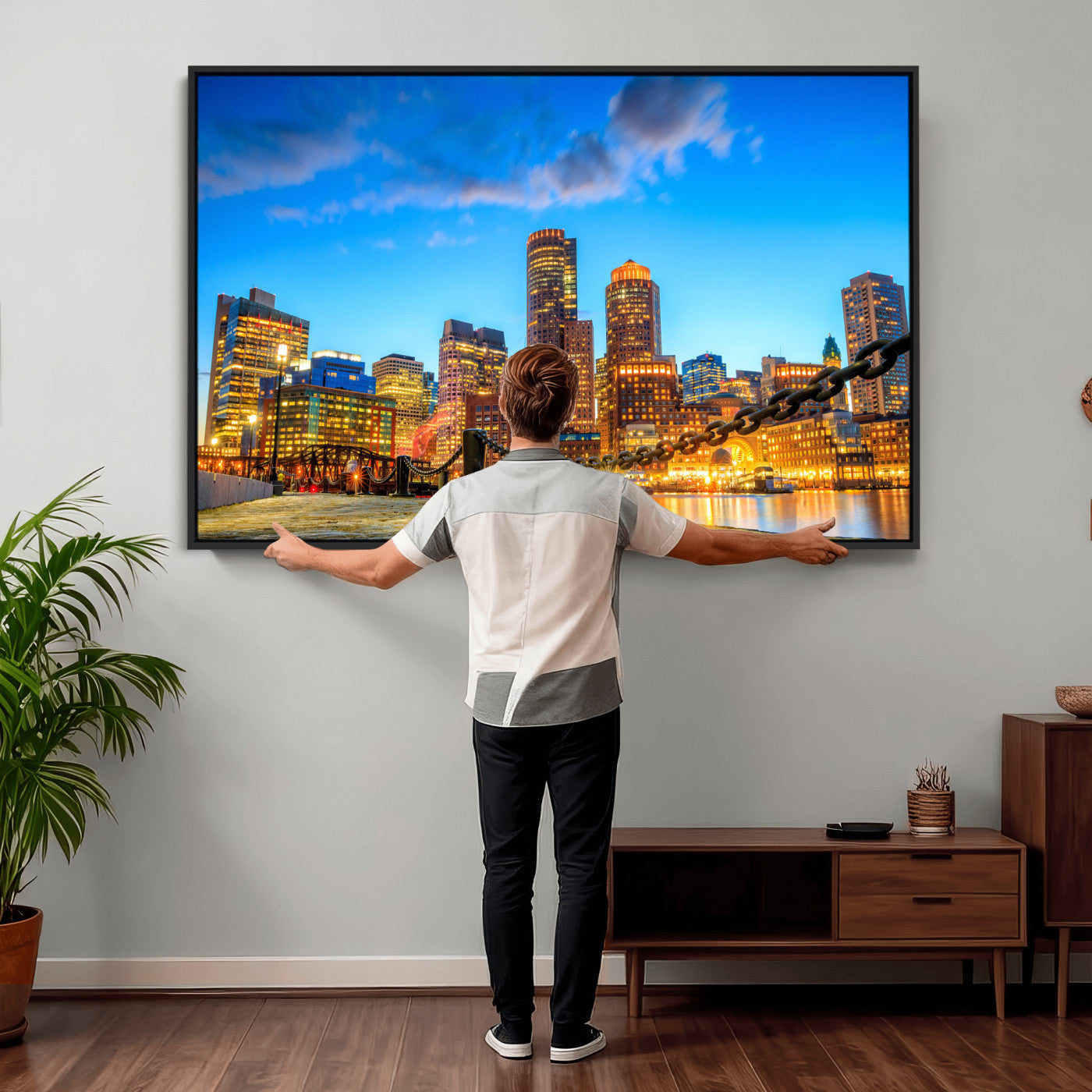 46736409-MGV-CV-36X24 - Boston Wall Art Canvas Print, Boston City Downtown Night Cityscape Print for Modern Urban Wall Decor