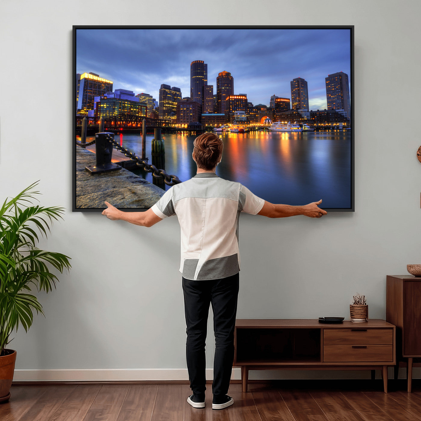 82439622-MGV-CV-36X24 - Boston Wall Art Canvas Print, Boston City Downtown Night Cityscape Print for Modern Urban Wall Decor