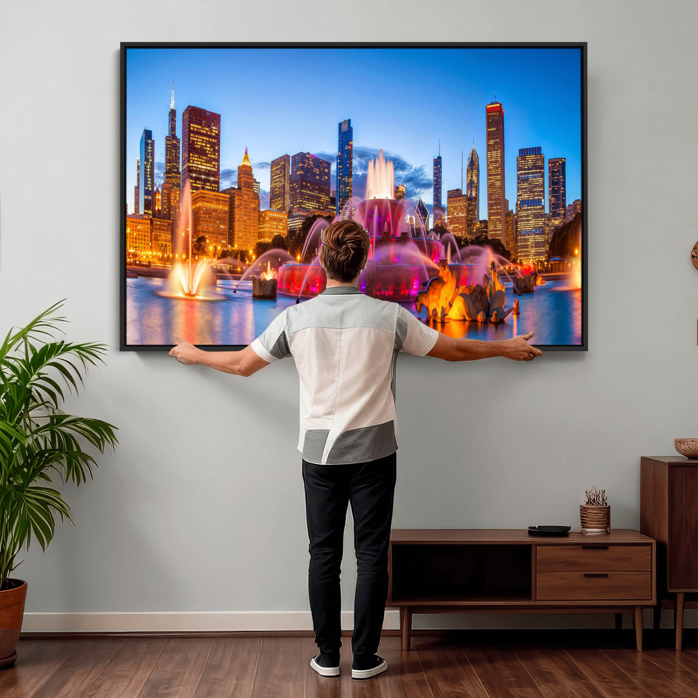 20251989-MGV-CV-36X24 - Chicago Wall Art Canvas Print, Chicago City Downtown Night Cityscape Print for Modern Urban Wall Decor