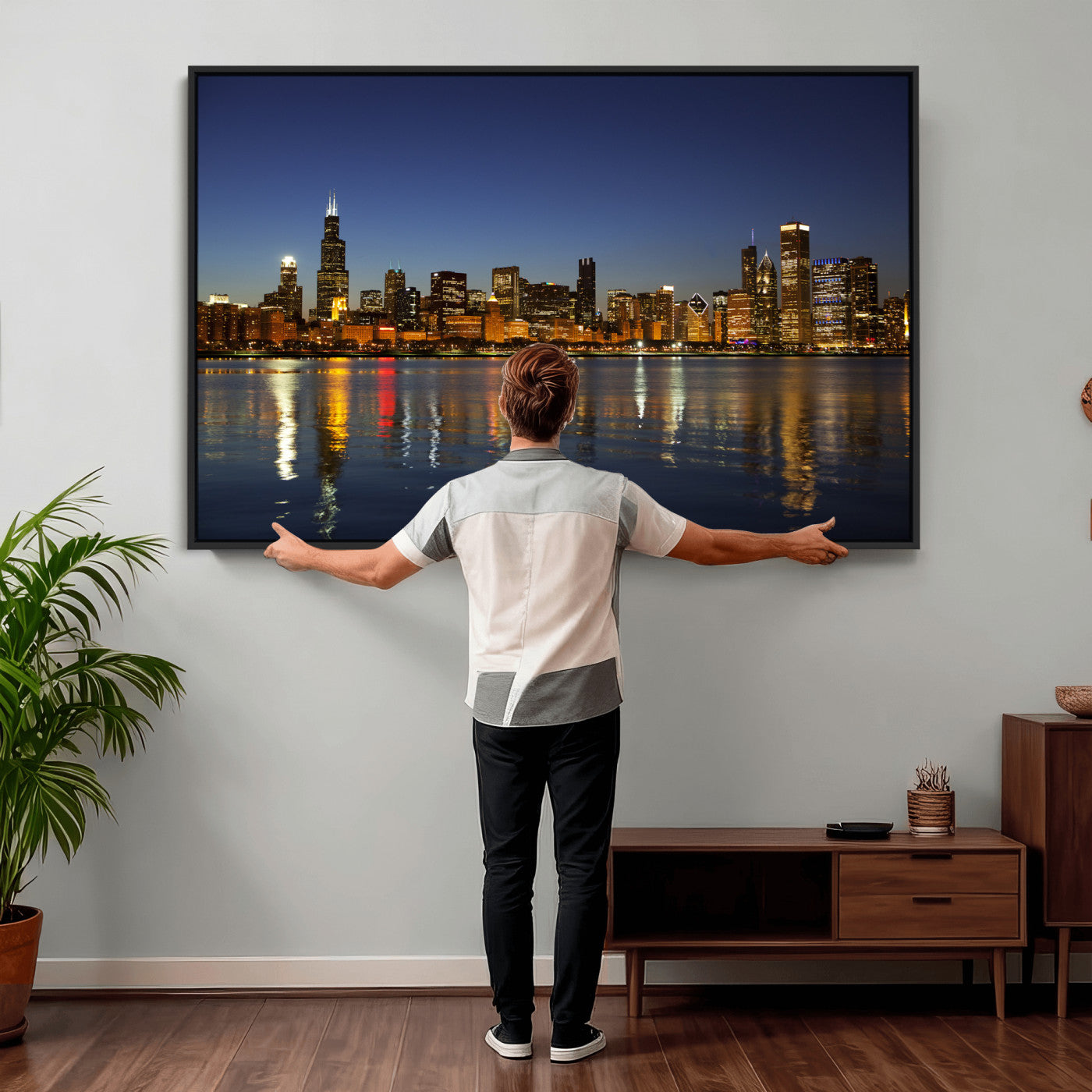 67308035-MGV-CV-36X24 - Chicago Wall Art Canvas Print, Chicago City Downtown Night Cityscape Print for Modern Urban Wall Decor