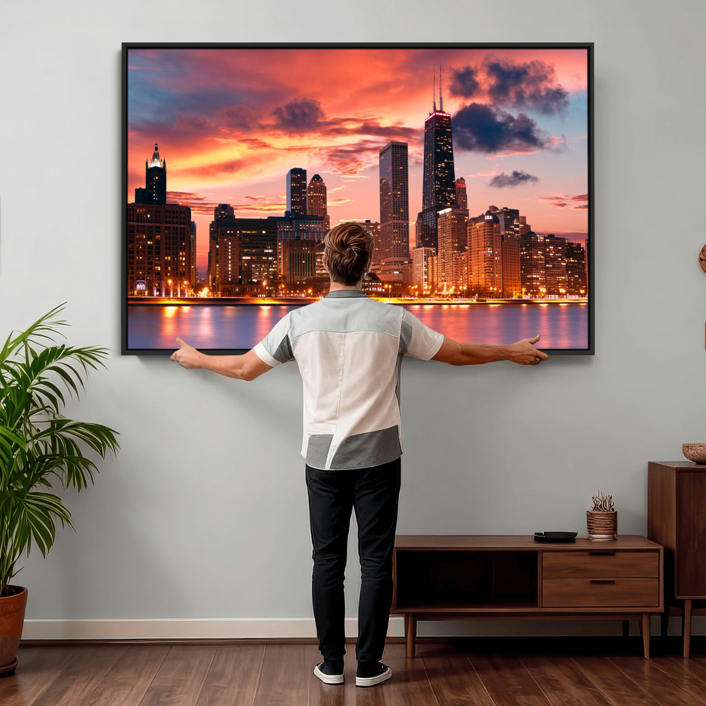 80390109-MGV-CV-36X24 - Chicago Wall Art Canvas Print, Chicago City Downtown Night Cityscape Print for Modern Urban Wall Decor