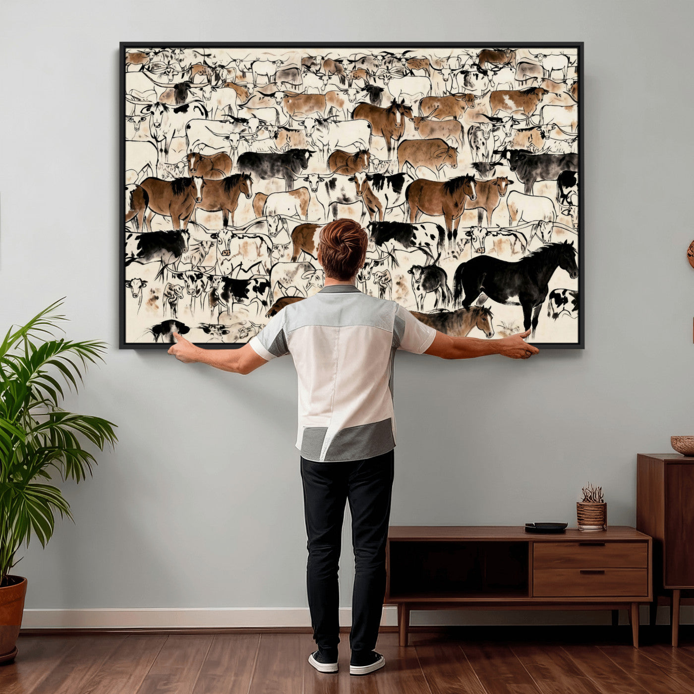 86150485-MGV-CV-36X24 - Farmhouse Animals Wall Art Canvas Print - Abstract Farm Animal Drawing Mid-Century Wall Art for Cabin Decor