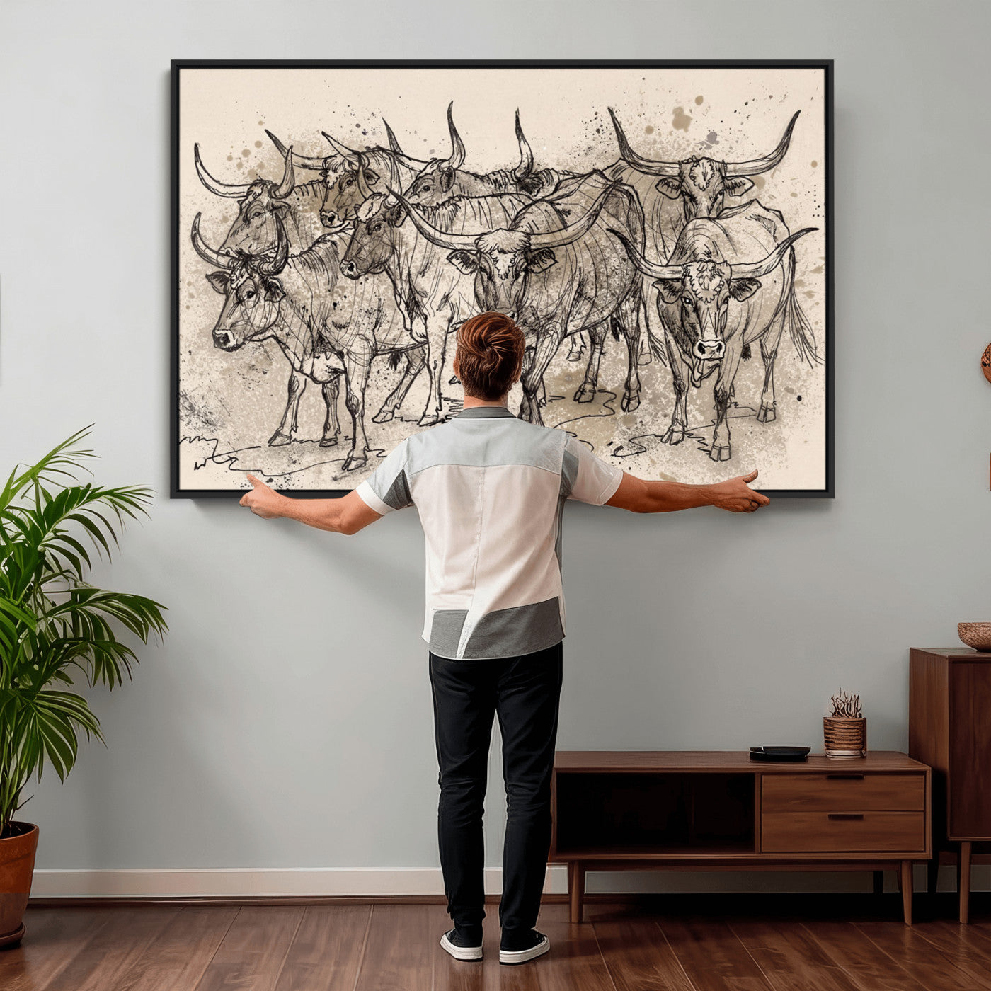 74232558-MGV-CV-36X24 - Farmhouse Animals Wall Art Canvas Print - Abstract Farm Animal Drawing Mid-Century Wall Art for Cabin Decor