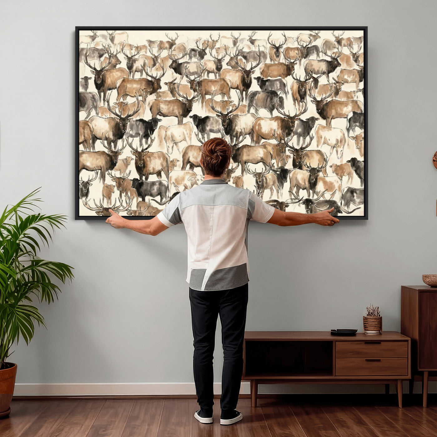 24374881-MGV-CV-36X24 - Farmhouse Animals Wall Art Canvas Print - Abstract Farm Animal Drawing Mid-Century Wall Art for Cabin Decor