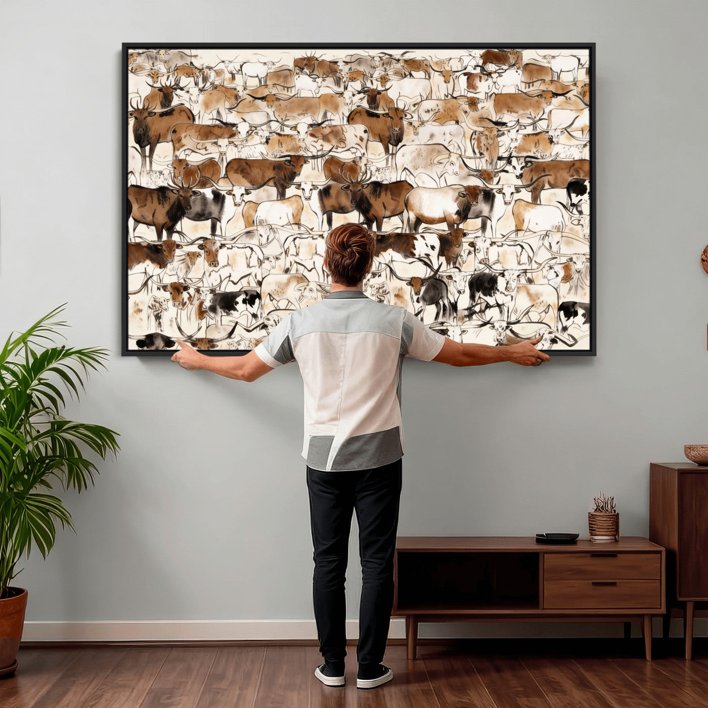 81416572-MGV-CV-36X24 - Farmhouse Animals Wall Art Canvas Print - Abstract Farm Animal Drawing Mid-Century Wall Art for Cabin Decor