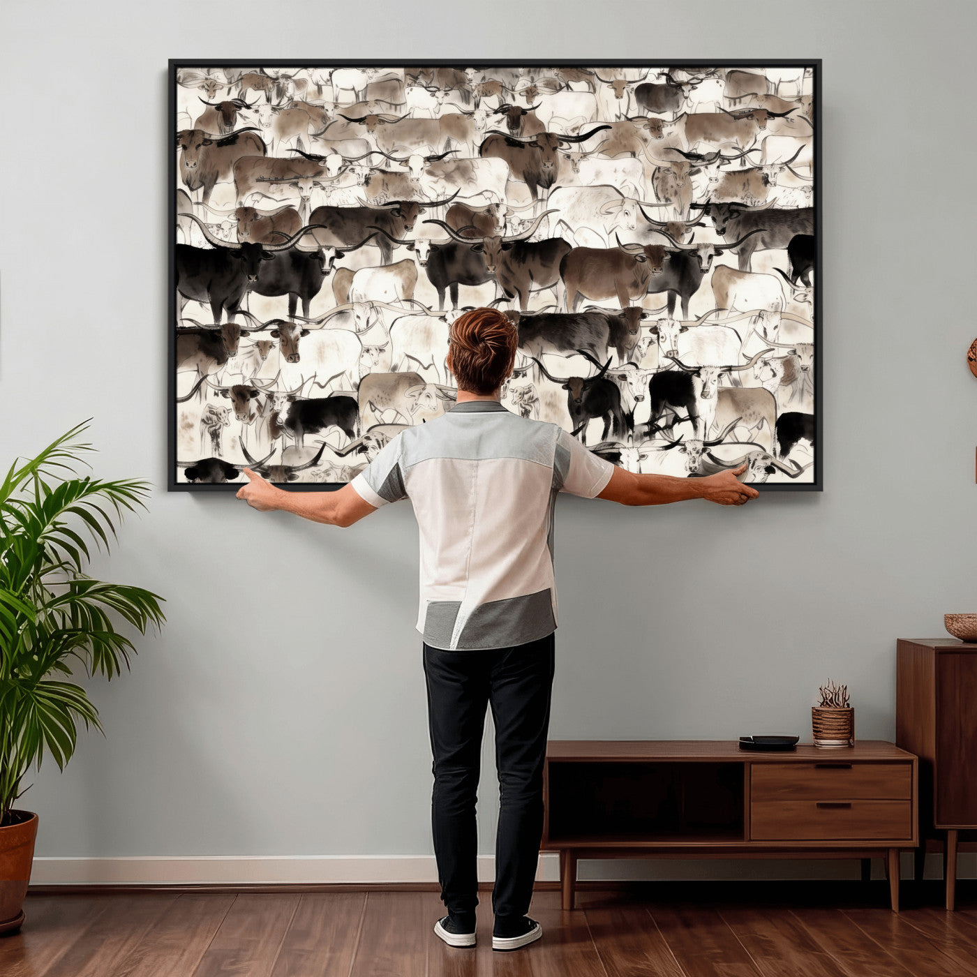 46084312-MGV-CV-36X24 - Farmhouse Animals Wall Art Canvas Print - Abstract Farm Animal Drawing Mid-Century Wall Art for Cabin Decor