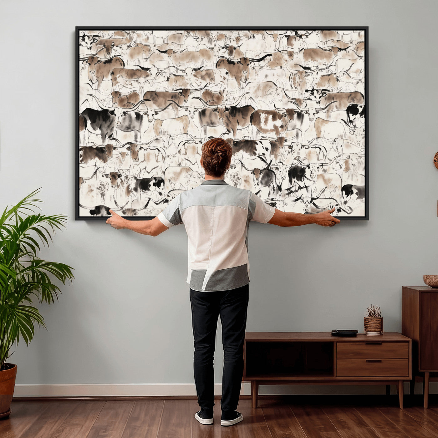 66685375-MGV-CV-36X24 - Farmhouse Animals Wall Art Canvas Print - Abstract Farm Animal Drawing Mid-Century Wall Art for Cabin Decor