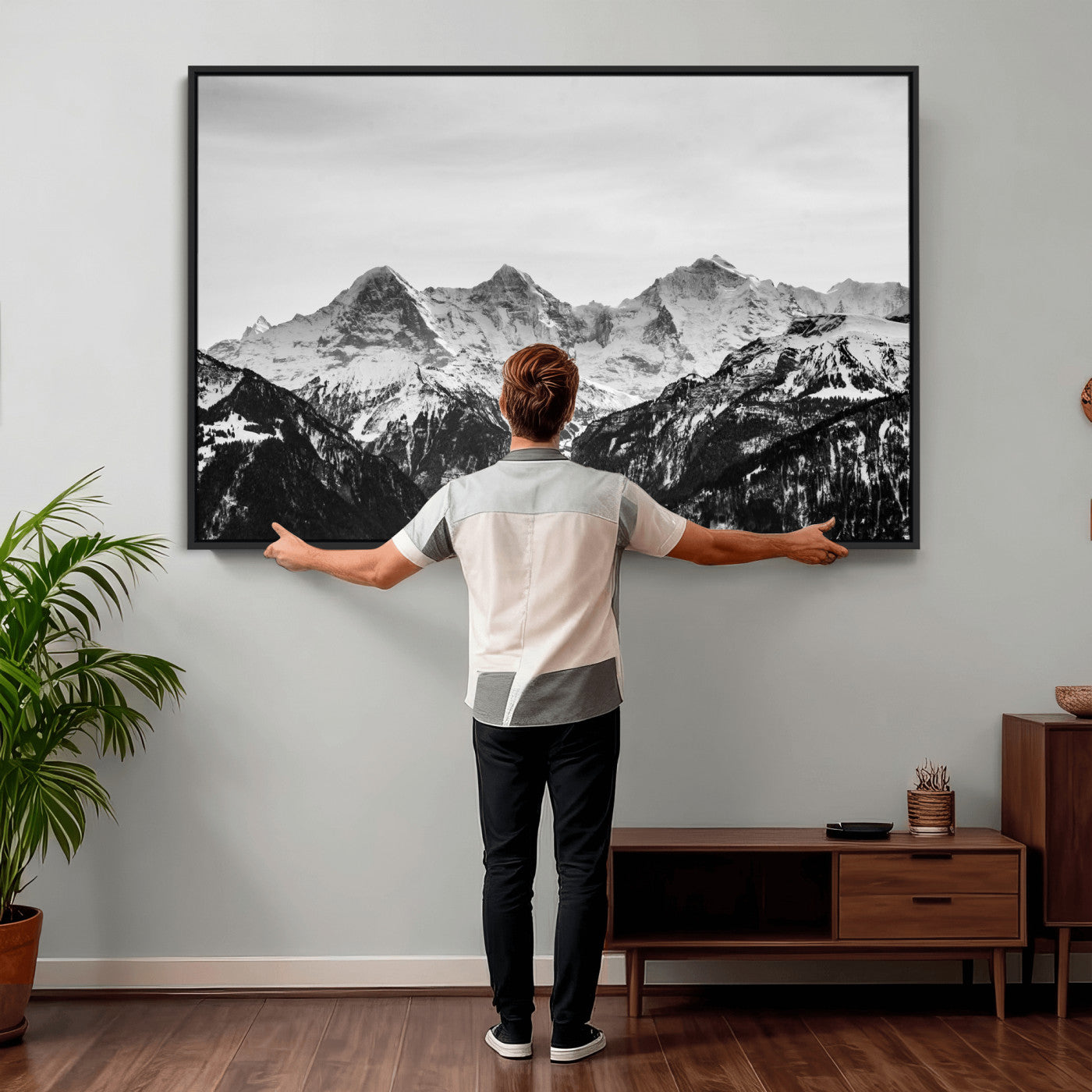 85684934-MGV-CV-36X24 - Black and White Mountain Wall Art Canvas Print, Snowy Alpine Peaks Landscape Photography, Minimal Monochrome Mountain Art, Scenic Nature Wall Decor