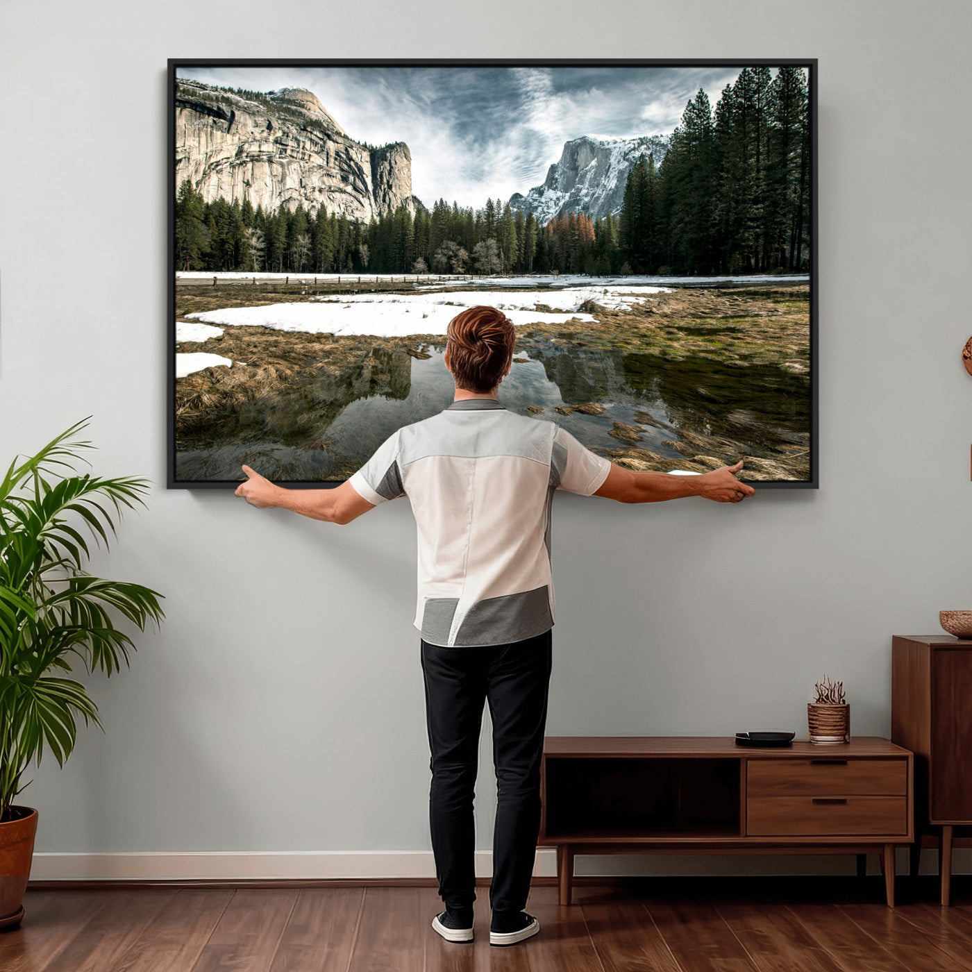 14527348-MGV-CV-36X24 - Yosemite Valley Mountain Landscape Wall Art Canvas Print, Granite Cliff Forest Valley Canvas Print, California National Park Scenic Art Printing