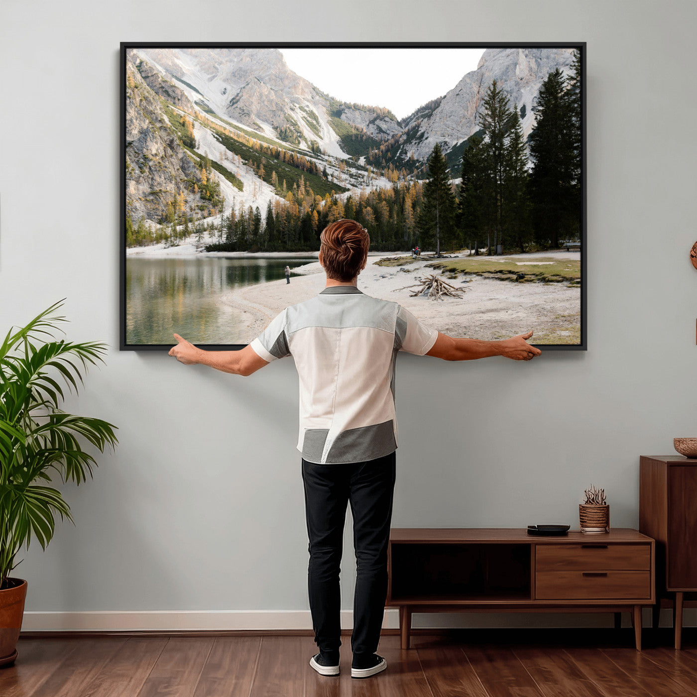 89246758-MGV-CV-36X24 - Lake Braies Alpine Landscape Wall Art Canvas Print, Dolomites Mountain Lake Forest Canvas Print, Italian Alps Scenic Nature Art Printing
