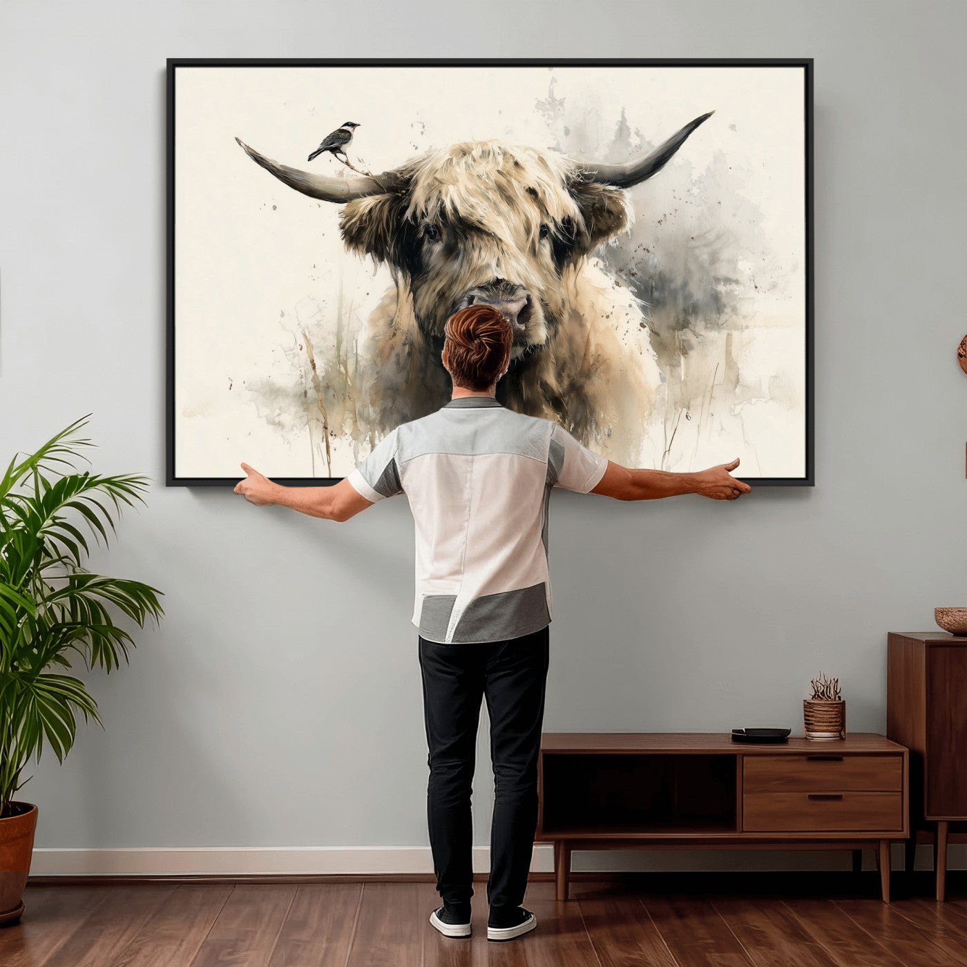 98249290-MGV-CV-36X24 - Abstract Highland Cow Watercolor Animal Wall Art Canvas Print, Rustic Farm Cattle Portrait Canvas Print, Neutral Wildlife Farmhouse Art Printing
