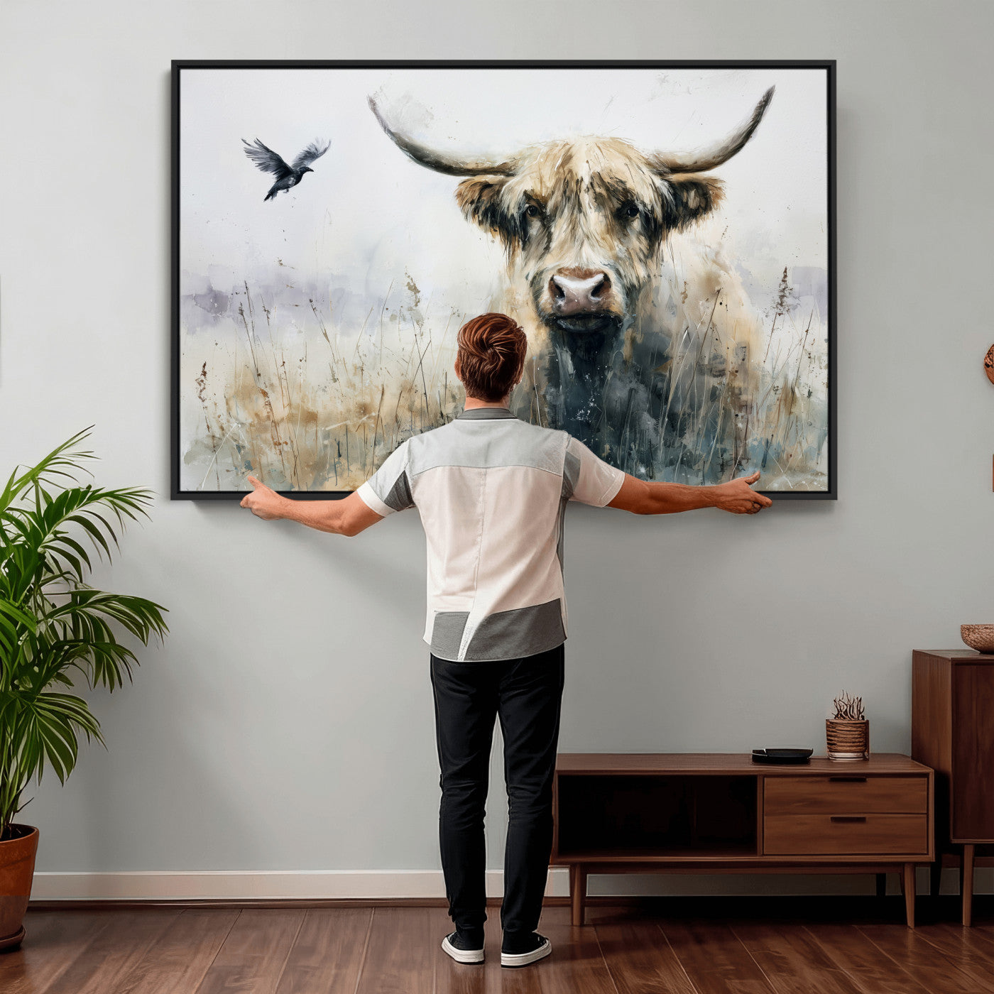 55652651-MGV-CV-36X24 - Abstract Highland Cow Watercolor Animal Wall Art Canvas Print, Rustic Farm Cattle Portrait Canvas Print, Neutral Wildlife Farmhouse Art Printing