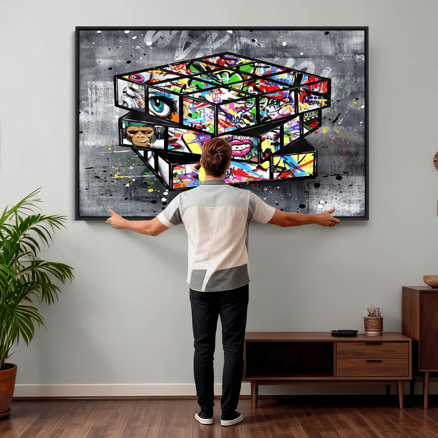 46789556-MGV-CV-36X24 - Graffiti Cube Abstract Street Art Wall Art Canvas Print, Colorful Urban Pop Art Geometric Canvas Print, Modern Street Art Contemporary Art Printing