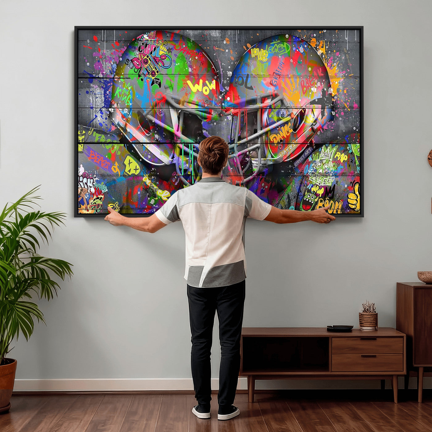 15309853-MGV-CV-36X24 - Graffiti Football Helmets Wall Art Canvas Print, Urban Street Art Sports Decor, Colorful American Football Graffiti Artwork