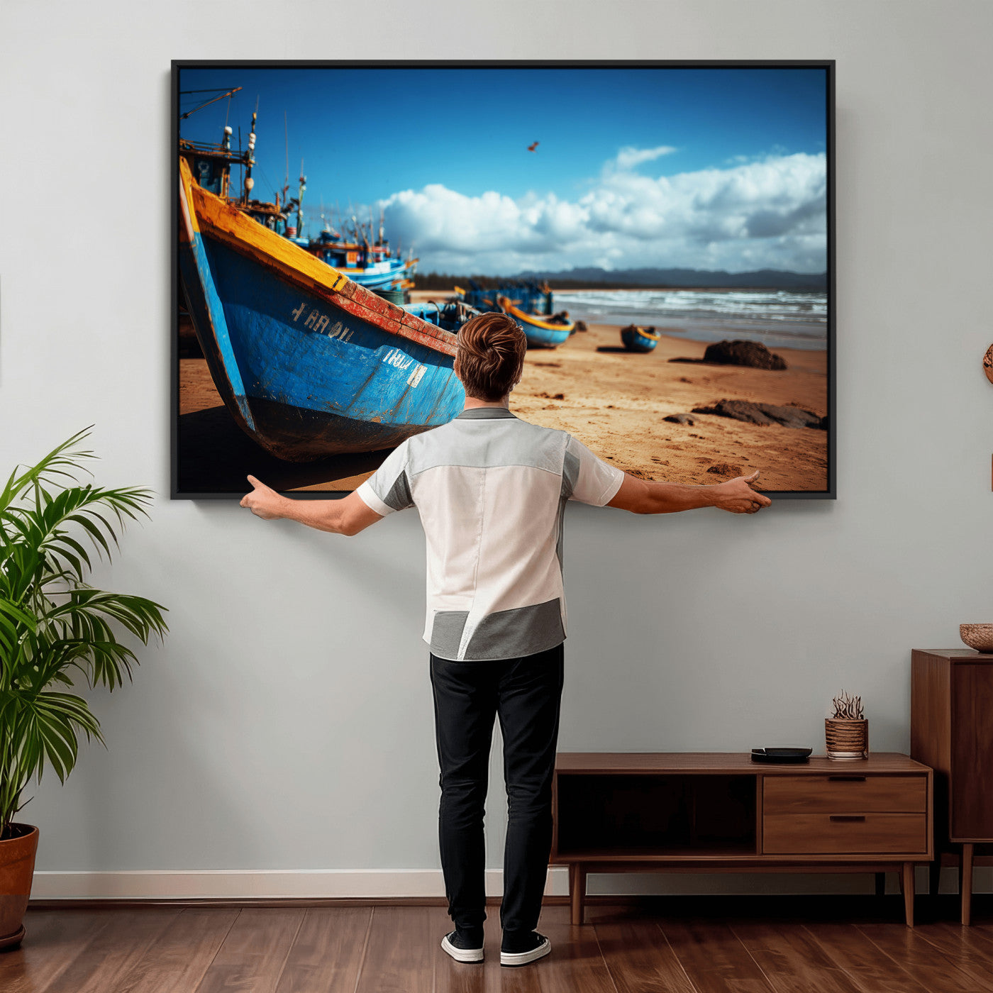 70925201-MGV-CV-36X24 - Fishing Boats Wall Art Canvas Print, Coastal Boat Beach Scene, Nautical Seaside Artwork, Ocean Shore Decor, Coastal Home Wall Art