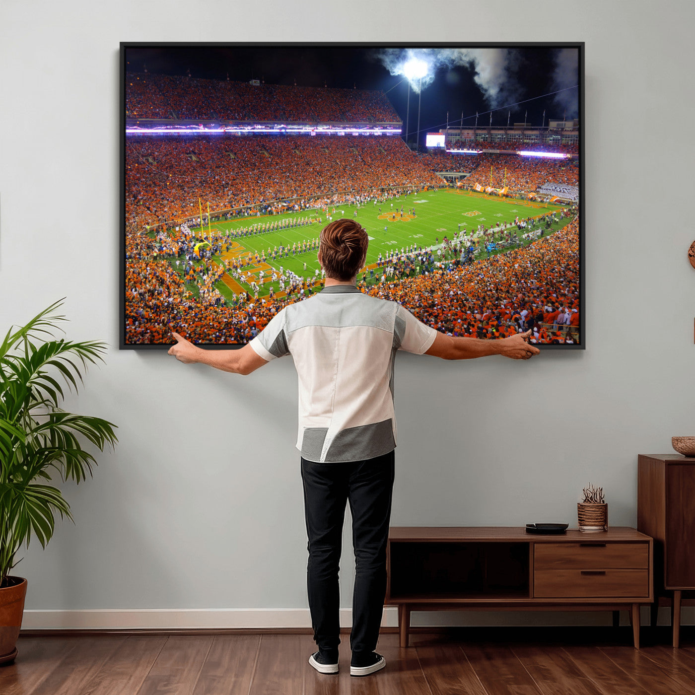 43662631-MGV-CV-36X24 - Clemson Football Stadium Wall Art Canvas Print, College Football Crowd Night Game Scene, Orange Stadium Panorama Wall Decor