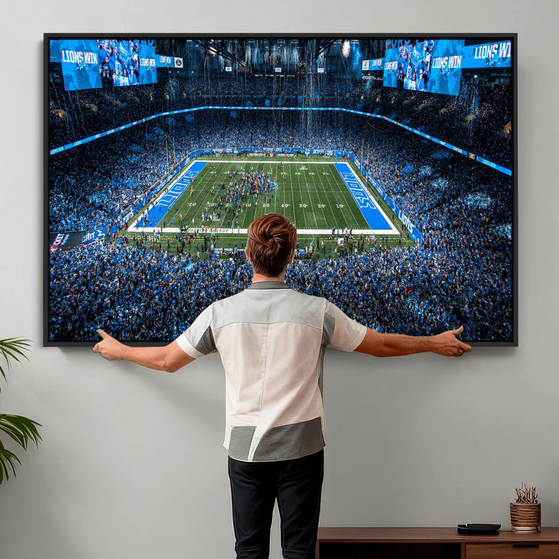 80882005-MGV-CV-36X24 - Detroit Lions Stadium Wall Art Canvas Print, Football Field Panorama Artwork, NFL Game Night Stadium Decor