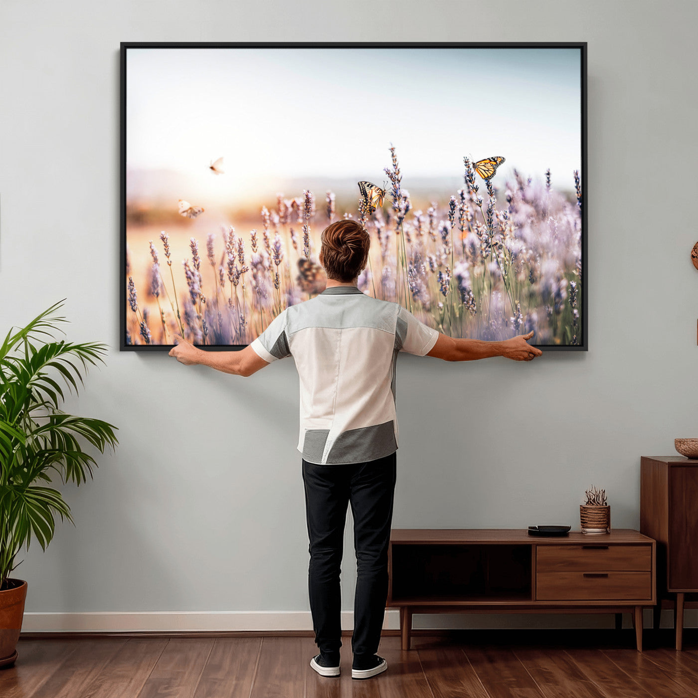 46417478-MGV-CV-36X24 - Lavender Field Wall Art Canvas Print, Butterfly Floral Landscape Art, Soft Nature Wall Decor for Bedroom