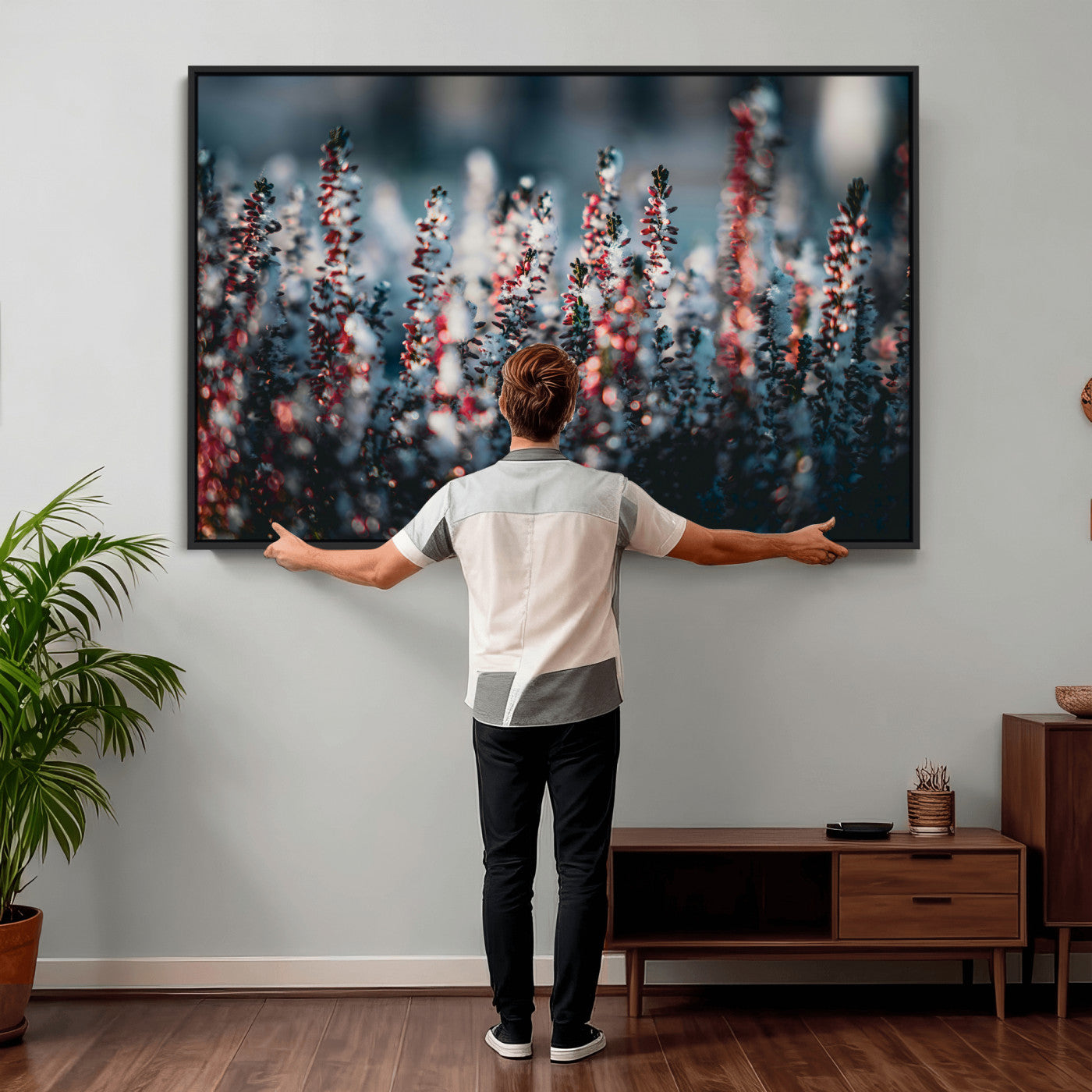 82063935-MGV-CV-36X24 - Winter Heather Wall Art Canvas Print, Frosted Floral Nature Art, Moody Botanical Wall Decor