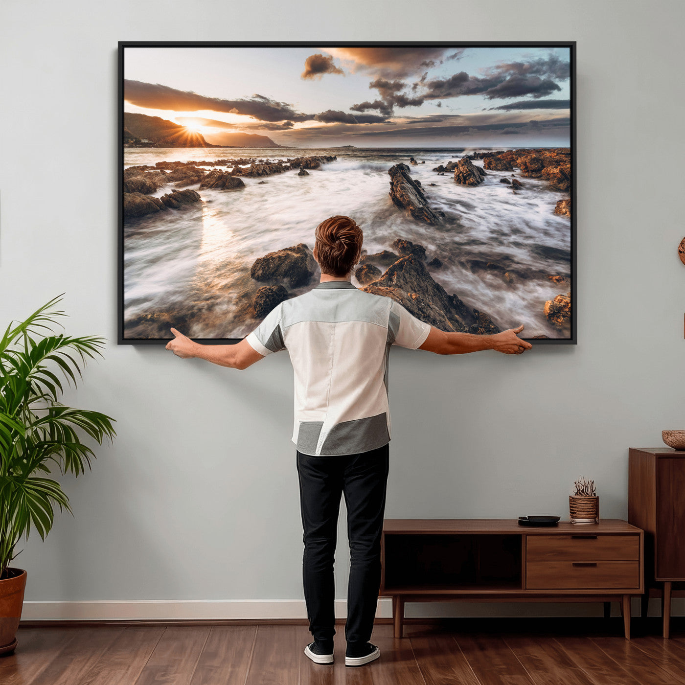 66746024-MGV-CV-36X24 - Rocky Coast Ocean Sunset Wall Art Canvas Print, Dramatic Seascape Nature Wall Decor for Living Room and Office