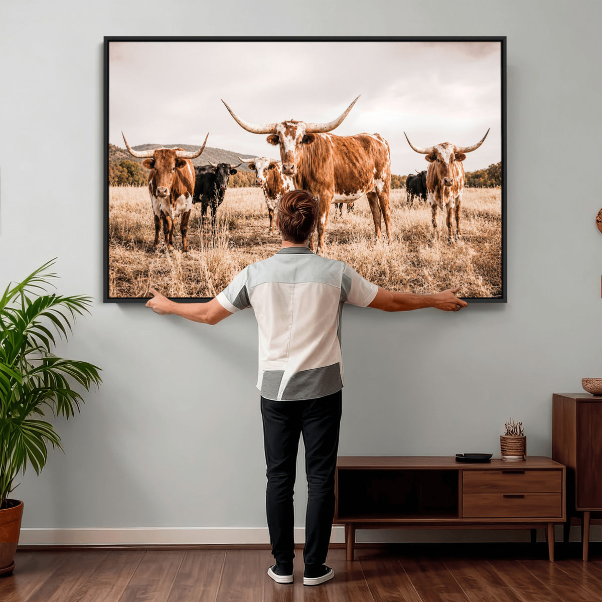 27539727-MGV-CV-36X24 - Texas Longhorn Cattle Wall Art Canvas Print, Sepia Western Decor