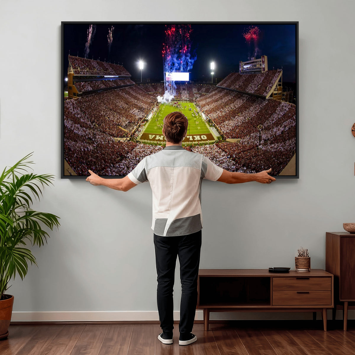 43197777-MGV-CV-36X24 - Oklahoma Memorial Stadium Wall Art Canvas Print – Oklahoma Sooners Football Artwork for Home, Office, and Sports Room Decor