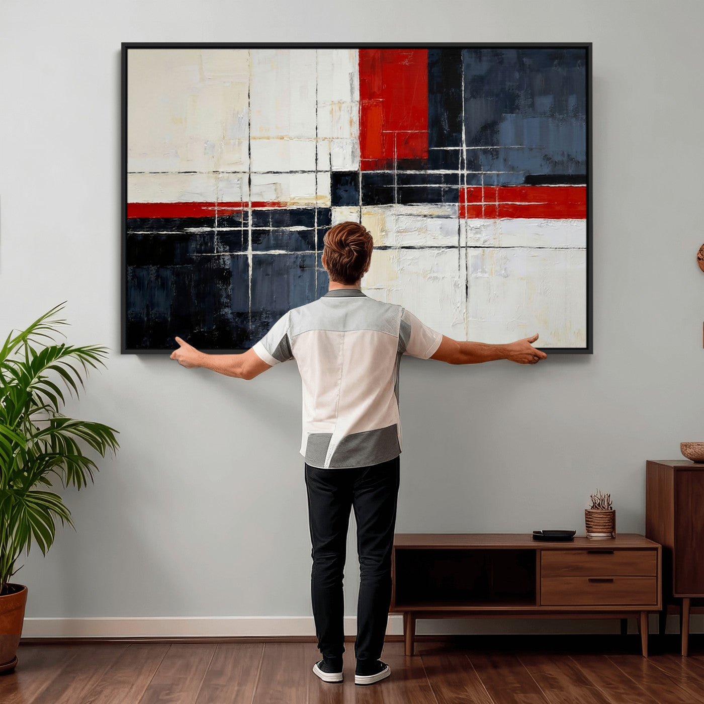 44088165-MGV-CV-36X24 - Navy Red Abstract Wall Art Canvas Print, Modern Luxury Geometric Painting Wall Decor for Living Room and Office