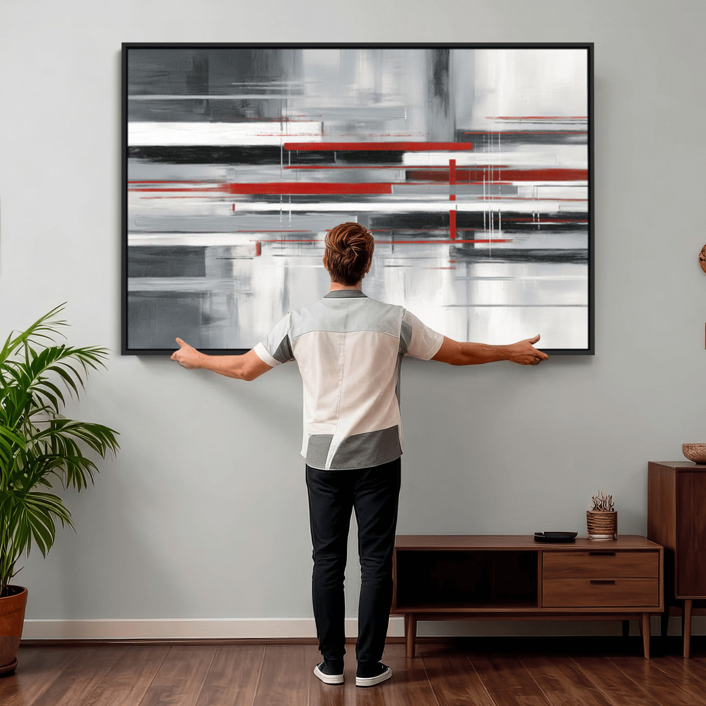 62640681-MGV-CV-36X24 - Gray Red Abstract Wall Art Canvas Print, Modern Abstract Canvas Wall Decor for Contemporary Living Room and Office