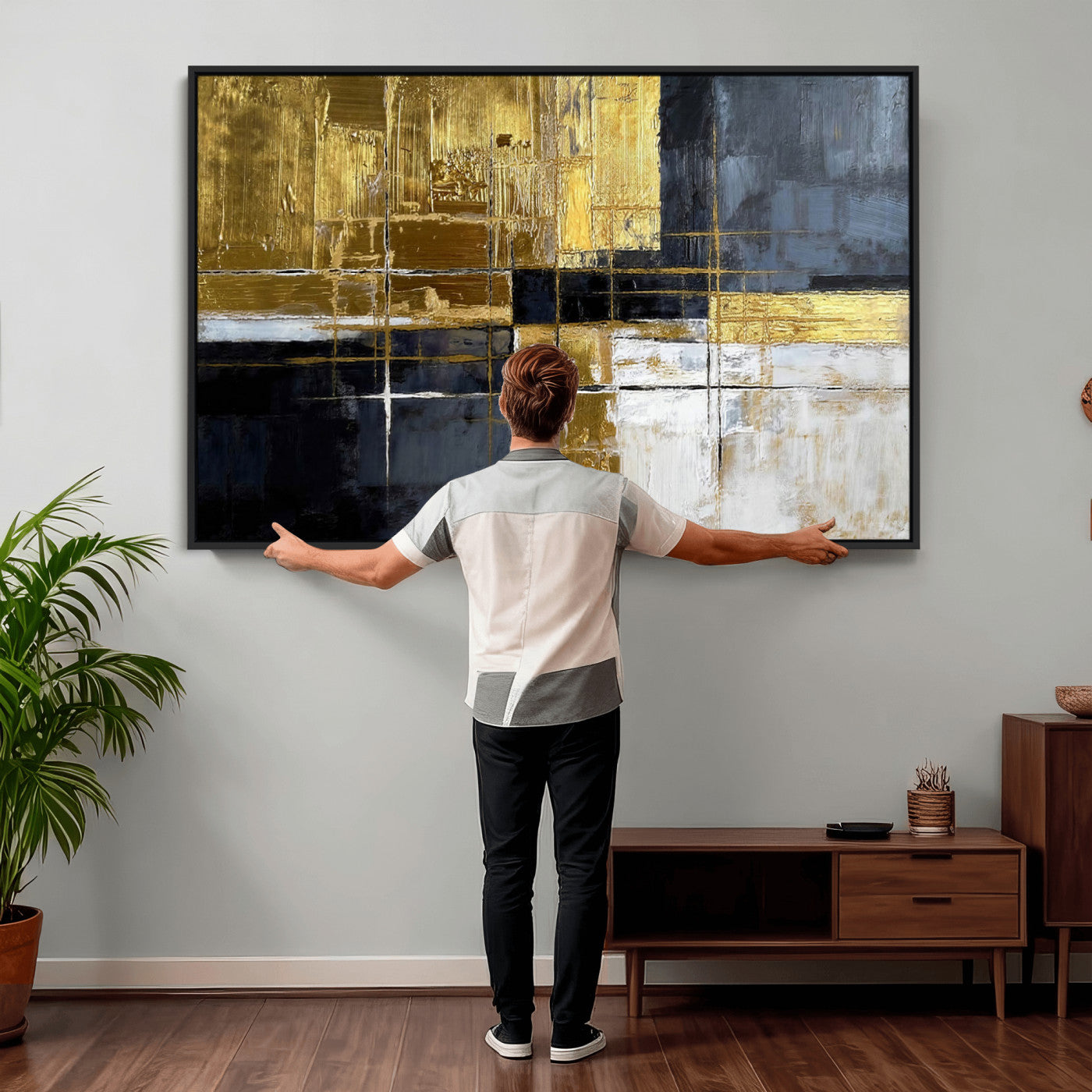 76917030-MGV-CV-36X24 - Gold Navy Abstract Wall Art Canvas Print, Modern Luxury Geometric Painting Wall Decor for Living Room and Office