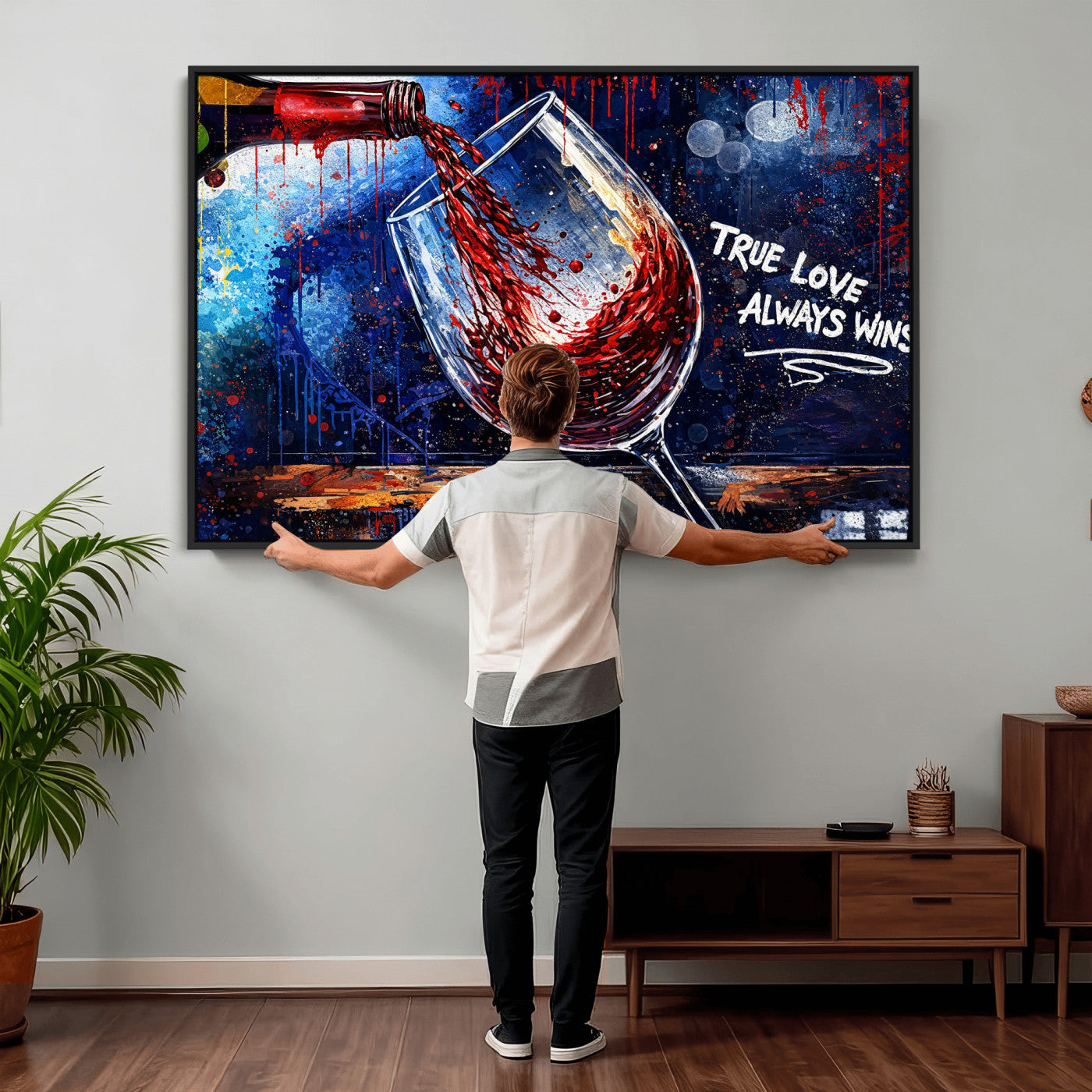 88788932-MGV-CV-36X24 - Red Wine Splash Abstract Wall Art Canvas Print, Modern Wine Glass Painting Canvas Print, Romantic Quote Contemporary Bar Art Print