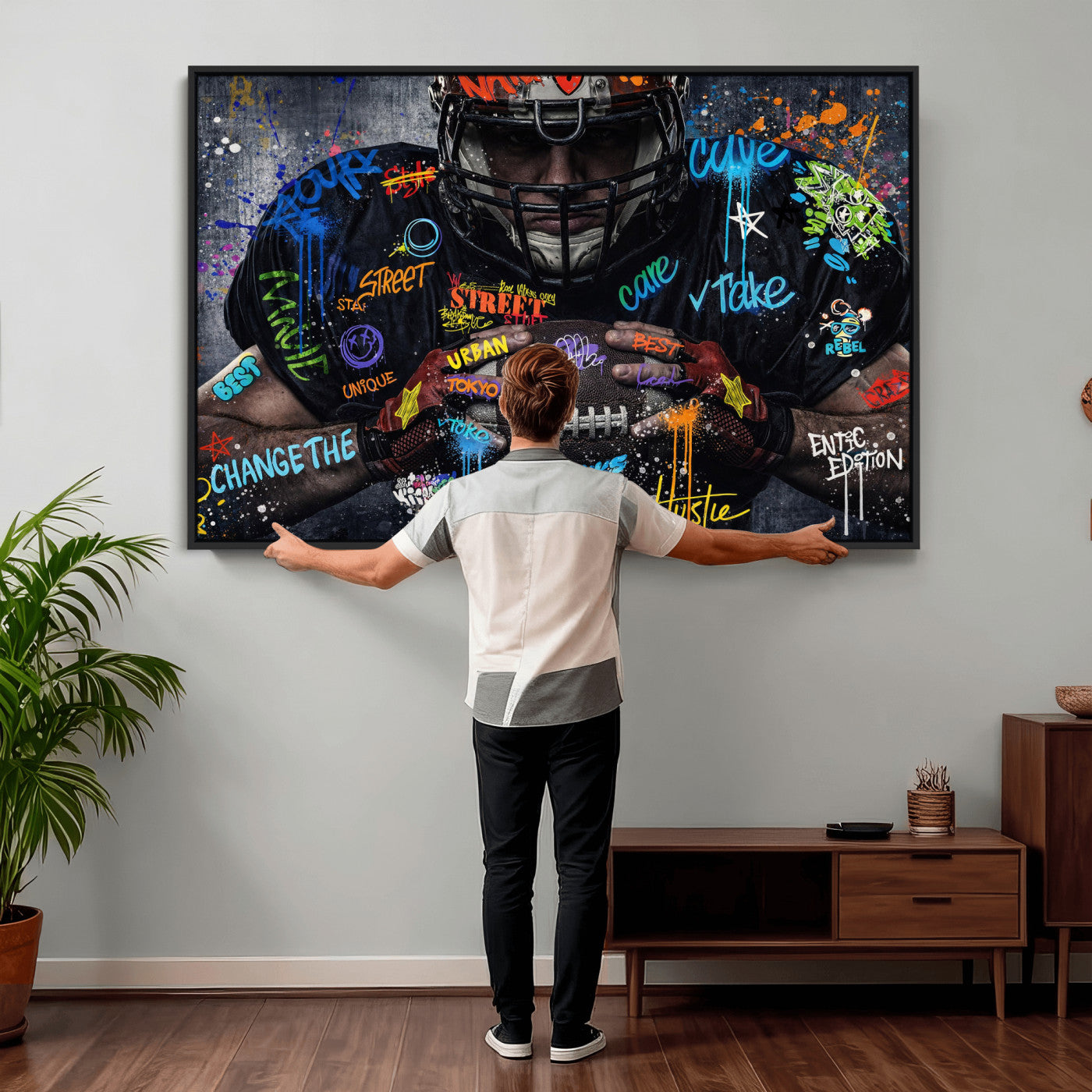 55267256-MGV-CV-36X24 - Graffiti American Football Player Street Art Wall Art Canvas Print, Urban Sports Pop Art Football Canvas Print, Modern Athletic Graffiti Contemporary Art Printing
