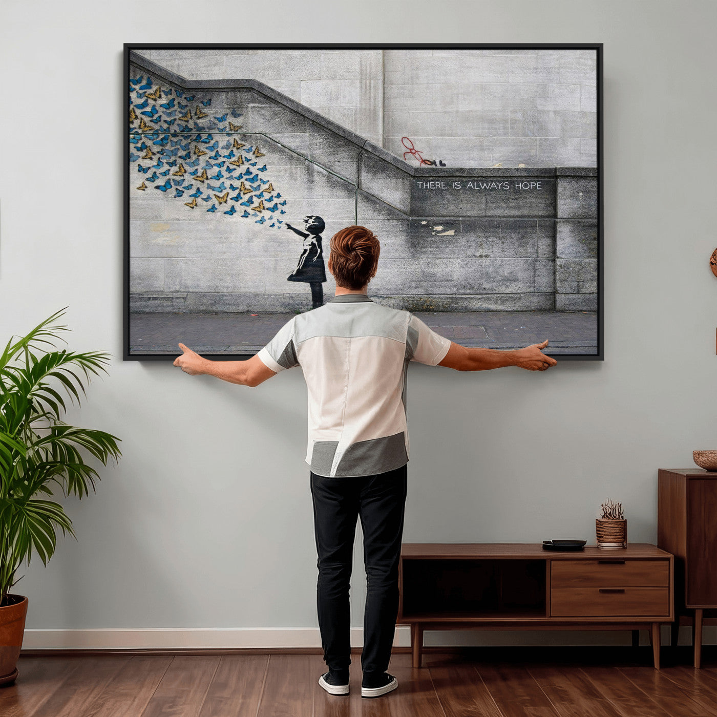 15274223-MGV-CV-36X24 - Banksy Girl with Butterflies Street Art Wall Art Canvas Print, Hope Graffiti Urban Art Canvas Print, Minimalist Inspirational Street Art Contemporary Art Printing