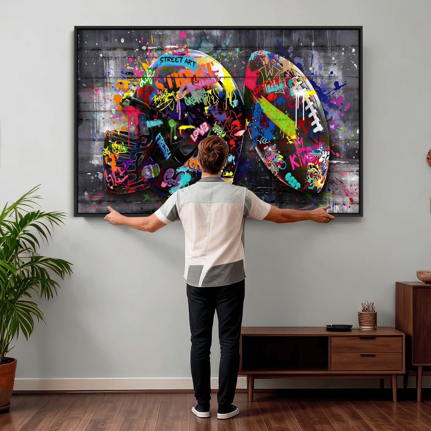 80540773-MGV-CV-36X24 - Graffiti American Football Helmet Street Art Wall Art Canvas Print, Urban Sports Pop Art Football Canvas Print, Colorful Graffiti Sports Contemporary Art Printing