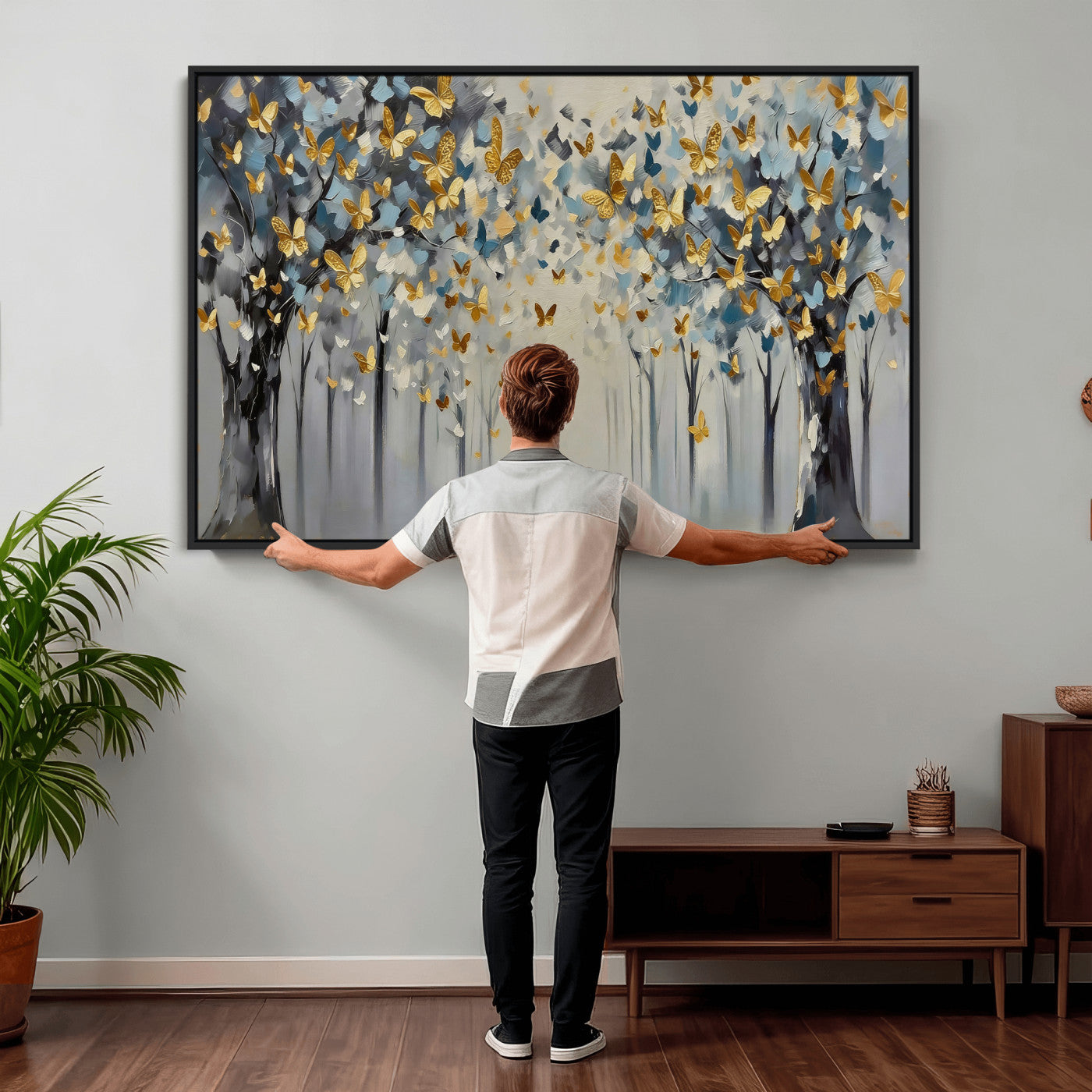 79208191-MGV-CV-36X24 - Golden Butterfly Tree Abstract Wall Art Canvas Print, Modern Elegant Nature Painting Canvas Print, Blue Gold Contemporary Floral Art Printing