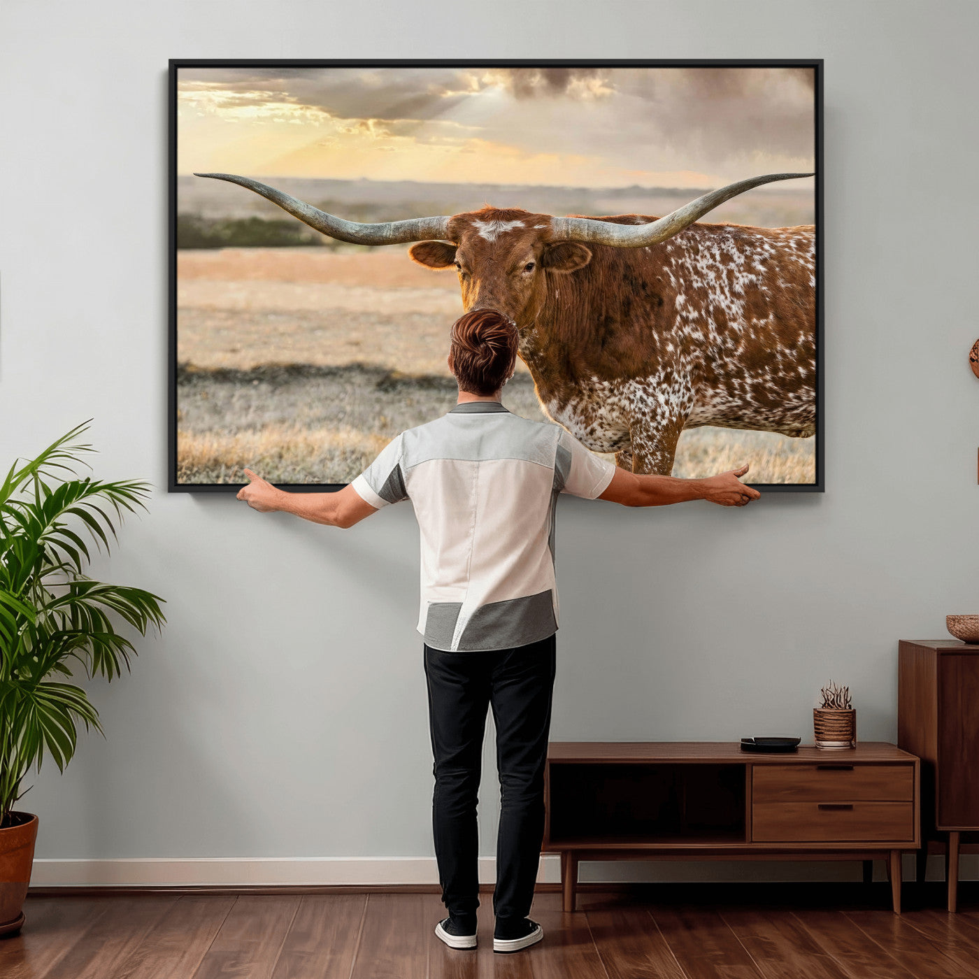16502384-MGV-CV-36X24 - Texas Longhorn Wall Art Canvas Print, Western Ranch Bull Photography Canvas Print, Rustic Farmhouse Cattle Artwork for Living Room Decor