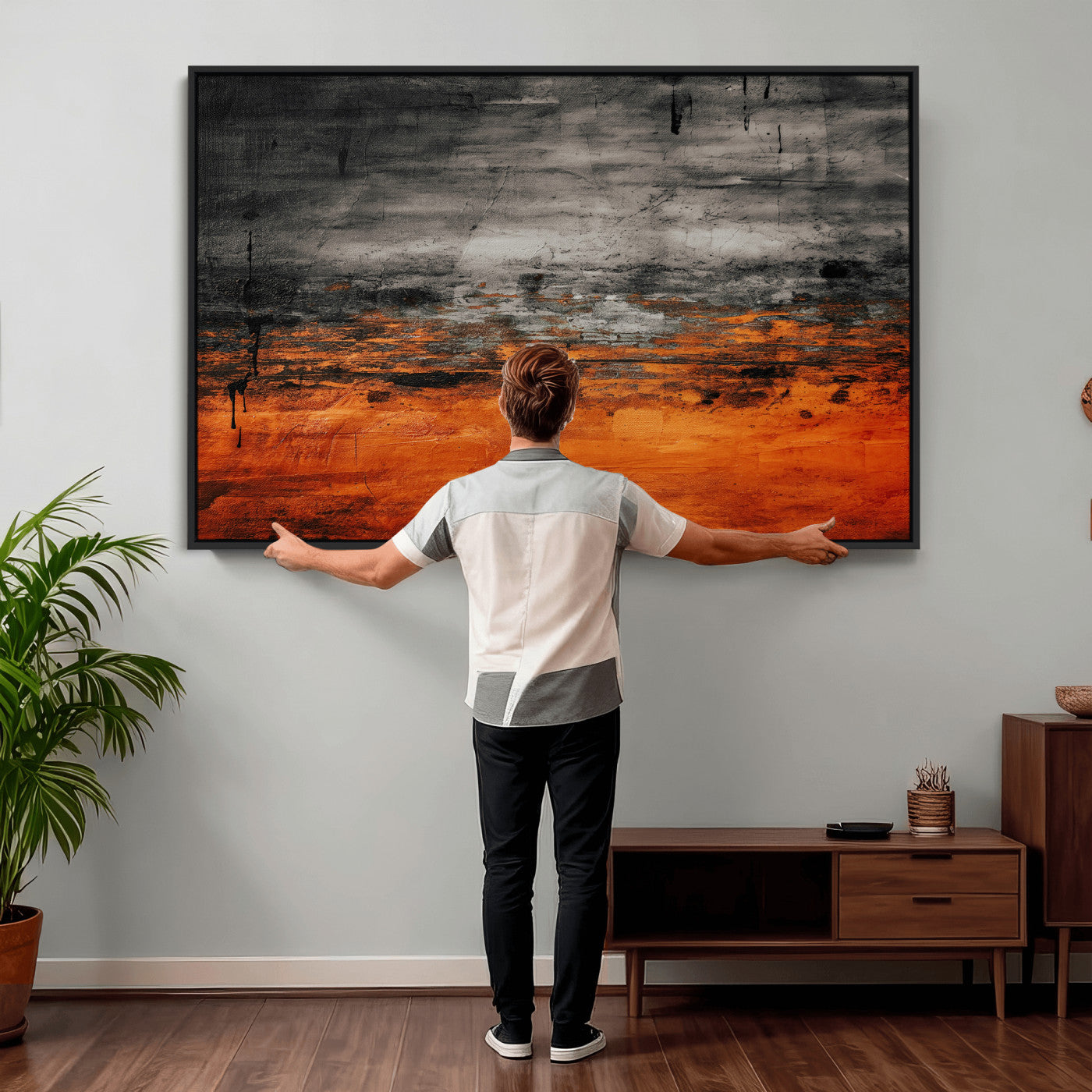 75409282-MGV-CV-36X24 - Black Orange Abstract Wall Art Canvas Print Modern Textured Painting Decor