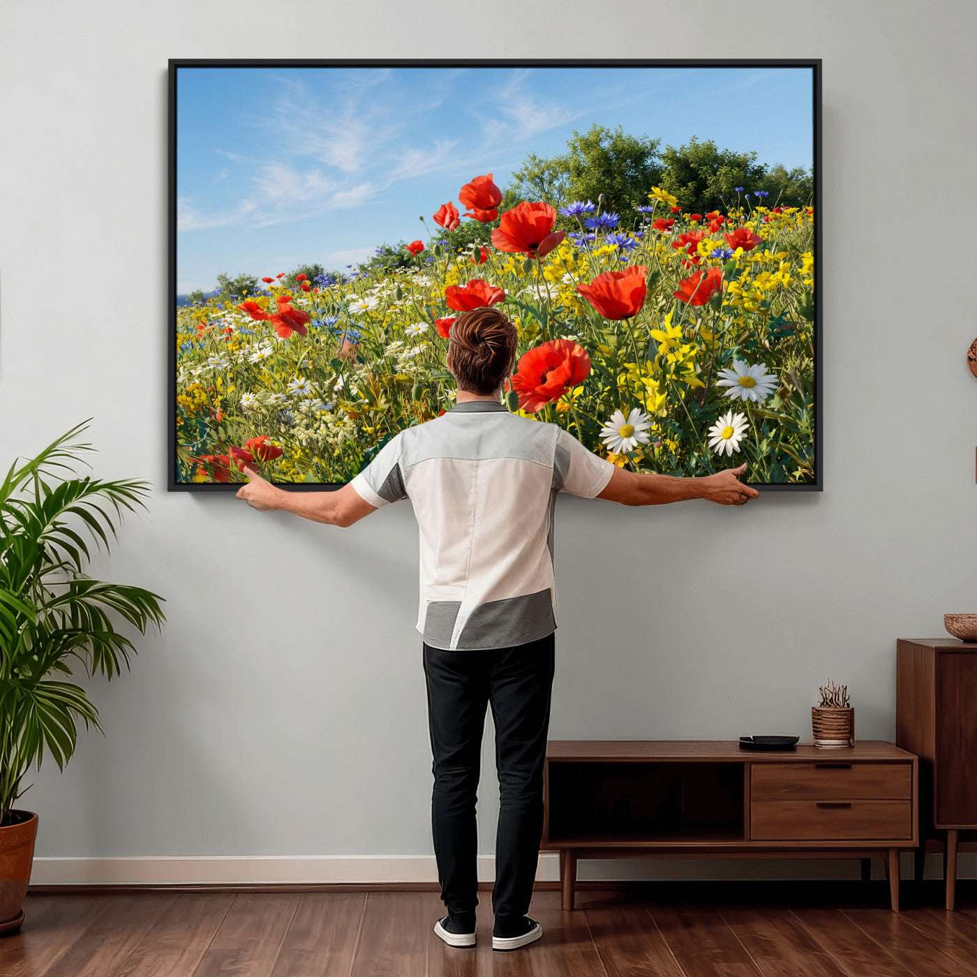38570784-MGV-CV-36X24 - Wildflower Meadow Wall Art Canvas Print – Colorful Poppy and Daisy Field Landscape Artwork for Living Room Decor