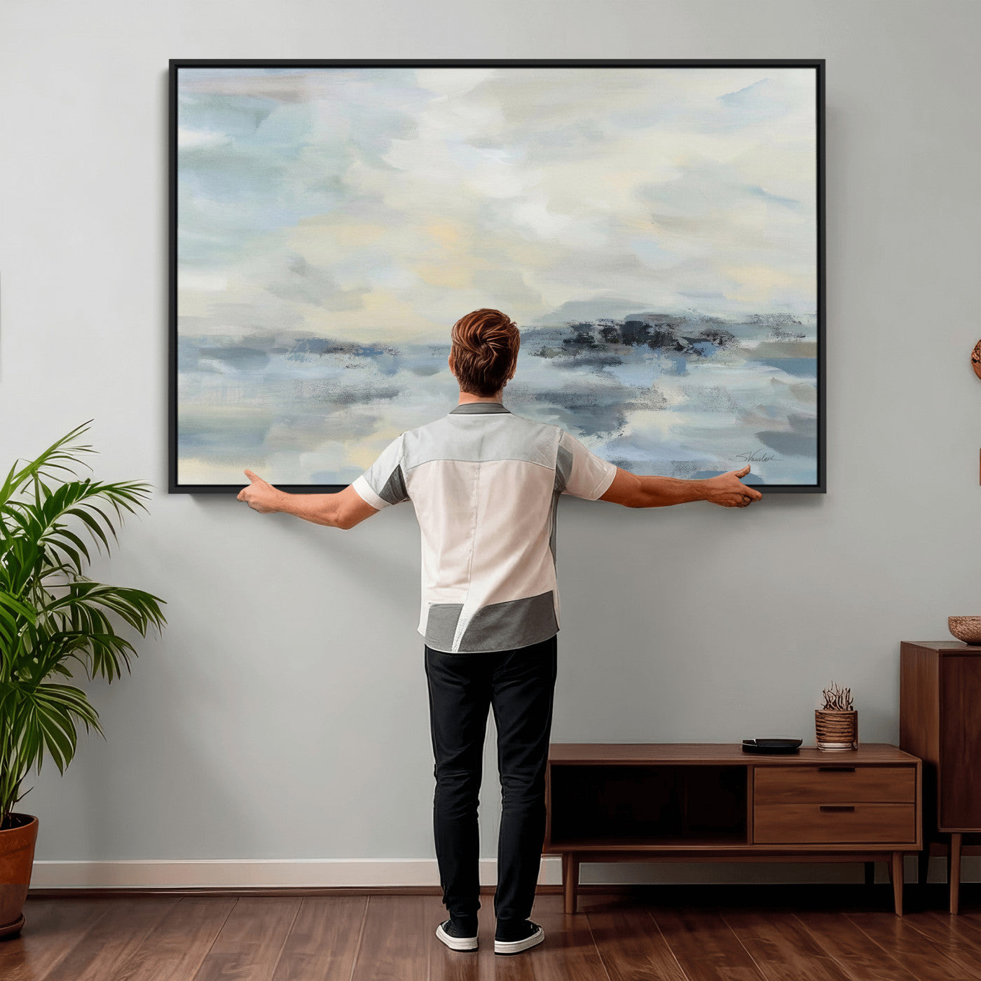 24647355-MGV-CV-36X24 - Abstract Coastal Landscape Wall Art Canvas Print – Soft Blue Gray Minimalist Painting