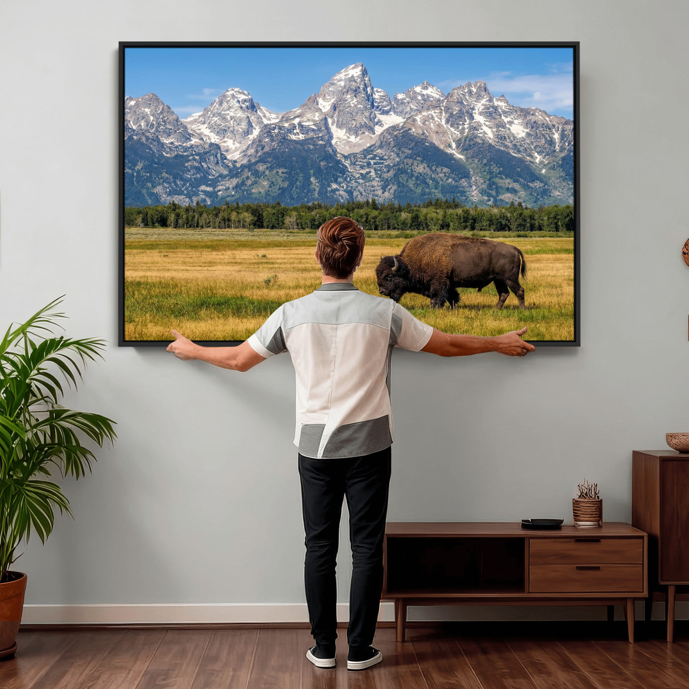 20424529-MGV-CV-36X24 - Bison in Mountain Landscape Wall Art Canvas Print – Western Wildlife Artwork for Rustic Living Room Decor