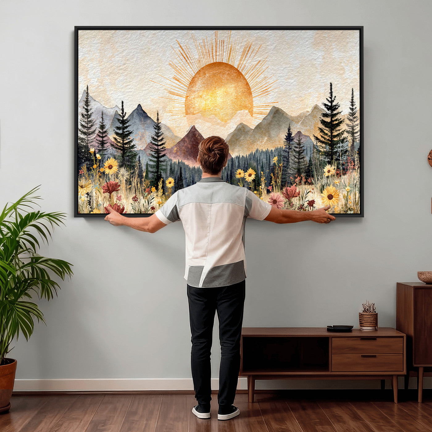 69025244-MGV-CV-36X24 - Boho Mountain Landscape Large Wall Art, Horizontal Gold Framed Canvas Print with Sun and Flowers