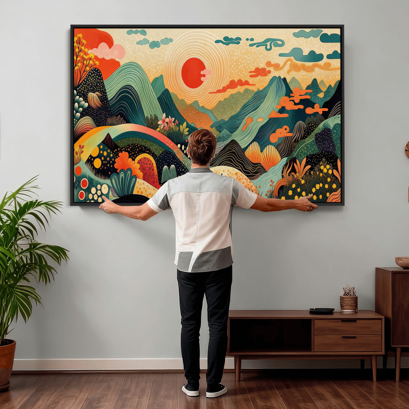 29927191-MGV-CV-36X24 - Yayoi Kusama Boho Mountain Landscape Large Wall Art, Horizontal Gold Framed Canvas Print with Sun and Flowers