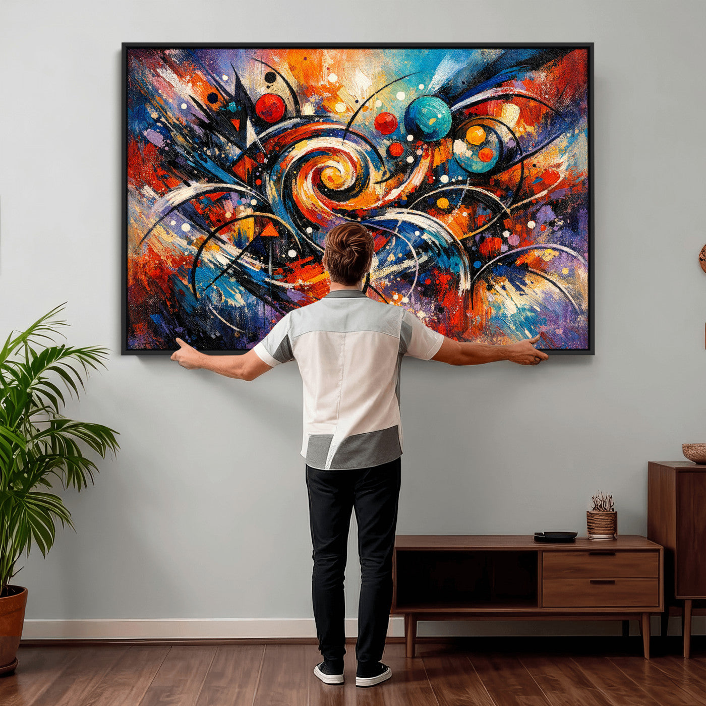 60193267-MGV-CV-36X24 - Geometric Abstract Wall Art Canvas Print, Orange Blue Abstract Expressionist Painting Print, Modern Geometric Abstract Canvas Art