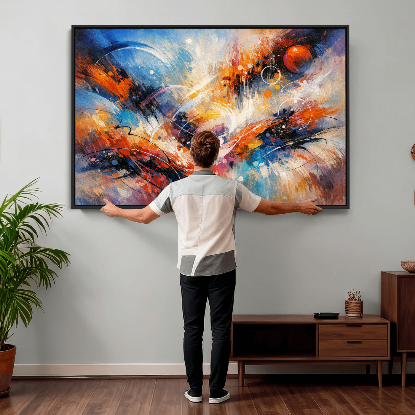 47770355-MGV-CV-36X24 - Geometric Abstract Wall Art Canvas Print, Orange Blue Abstract Expressionist Painting Print, Modern Geometric Abstract Canvas Art