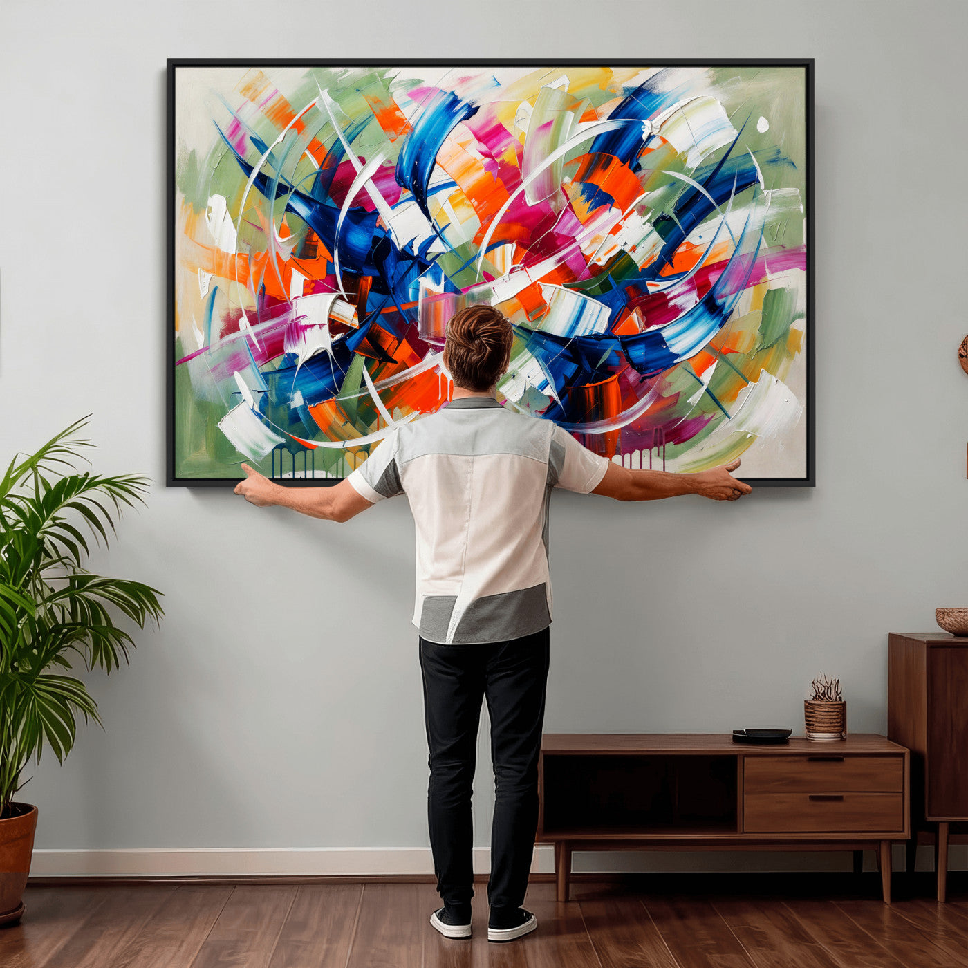 15032888-MGV-CV-36X24 - Geometric Abstract Wall Art Canvas Print, Orange Blue Abstract Expressionist Painting Print, Modern Geometric Abstract Canvas Art